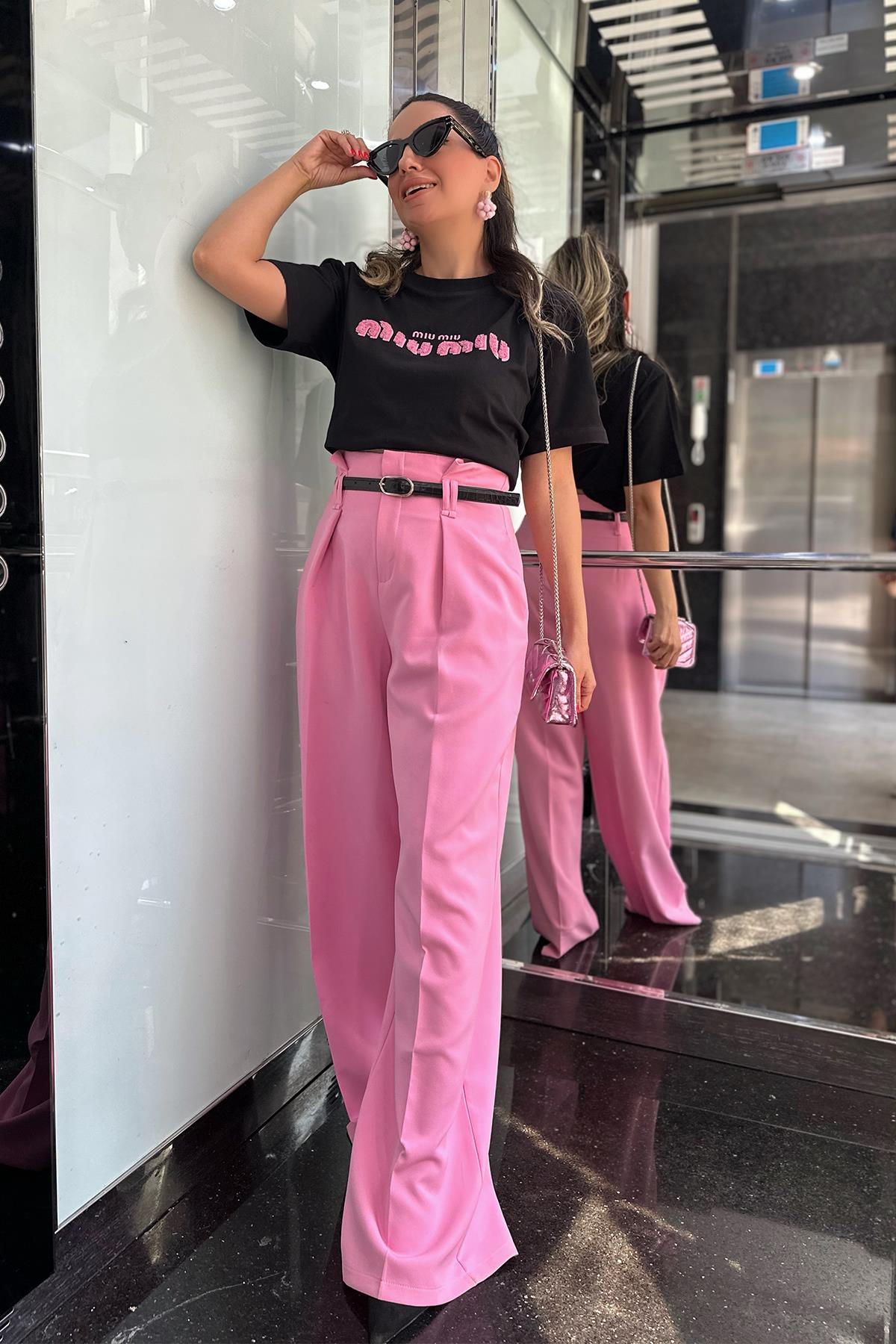 Kemerli Pembe Premium Palazzo Pantolon