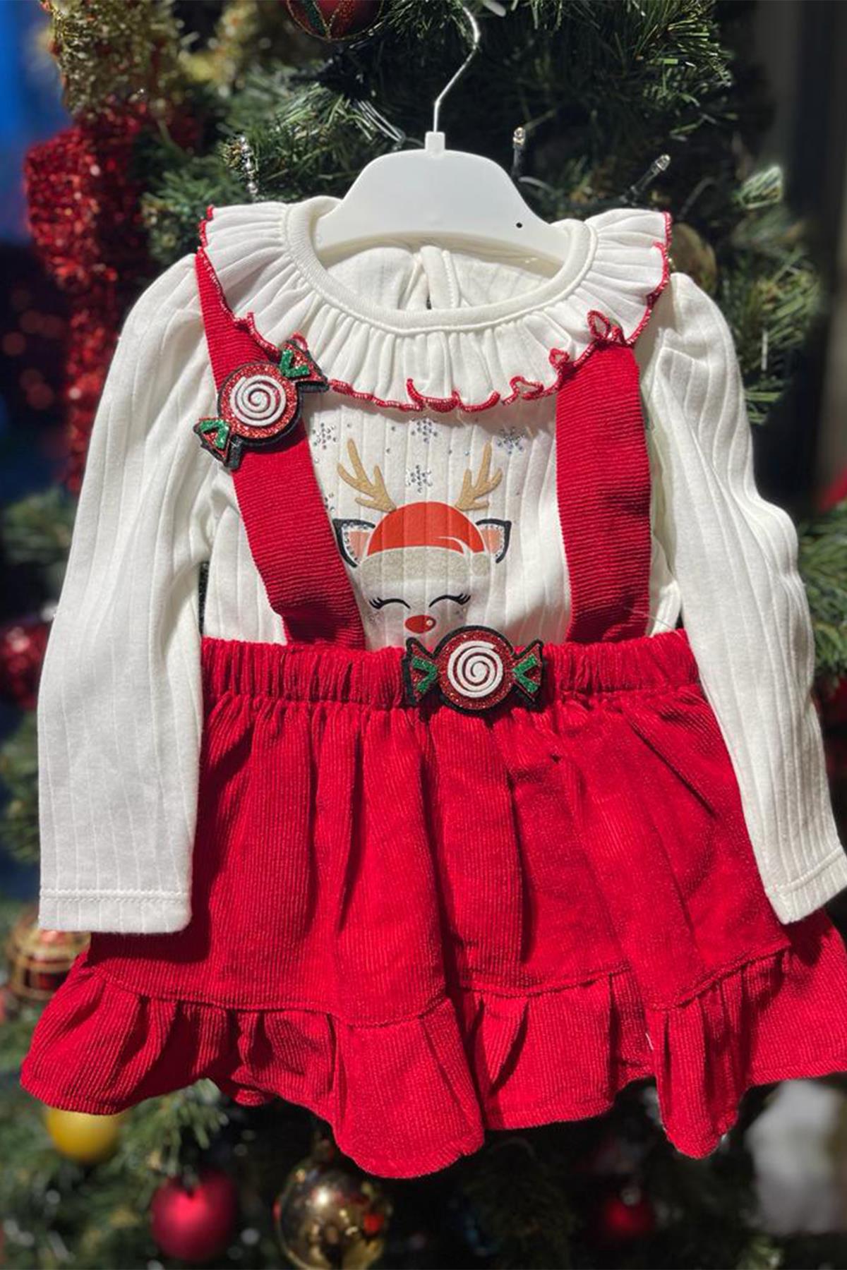 Kids Geyik Baskılı Bodyli Tokalı Elbise