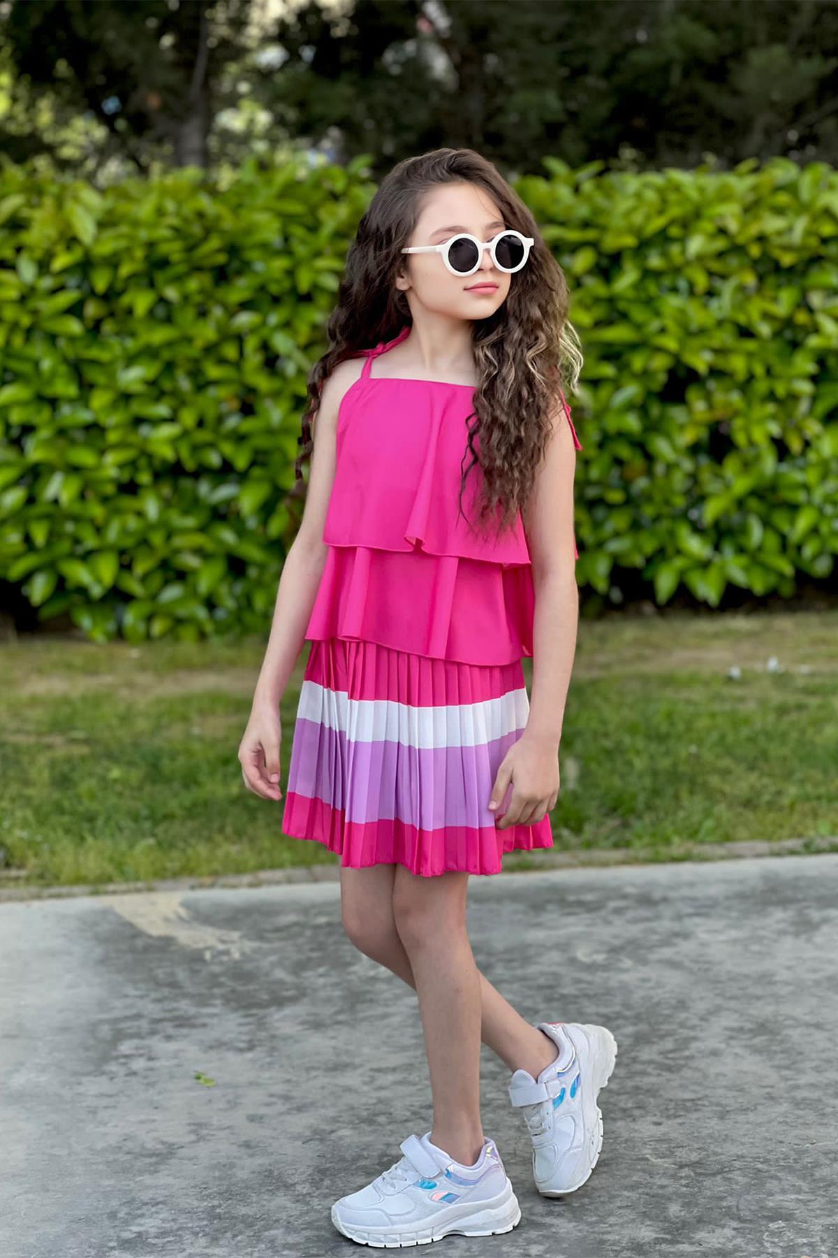 Kids Pembe Pliseli Etekli Takım
