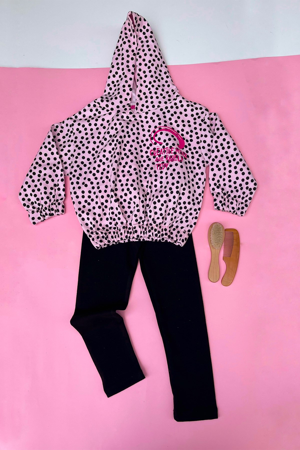 Kids Siyah Puantiyeli Pembe Kapşonlu Sweatshirt