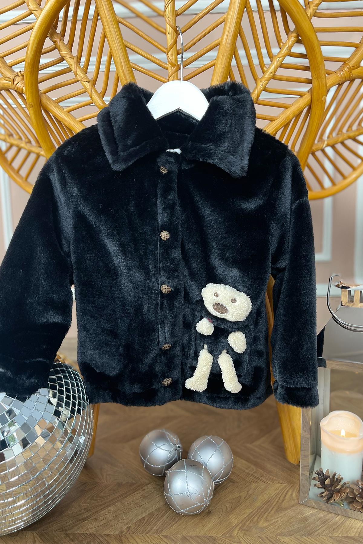 Kids Siyah Teddy Bear Peluş Mont