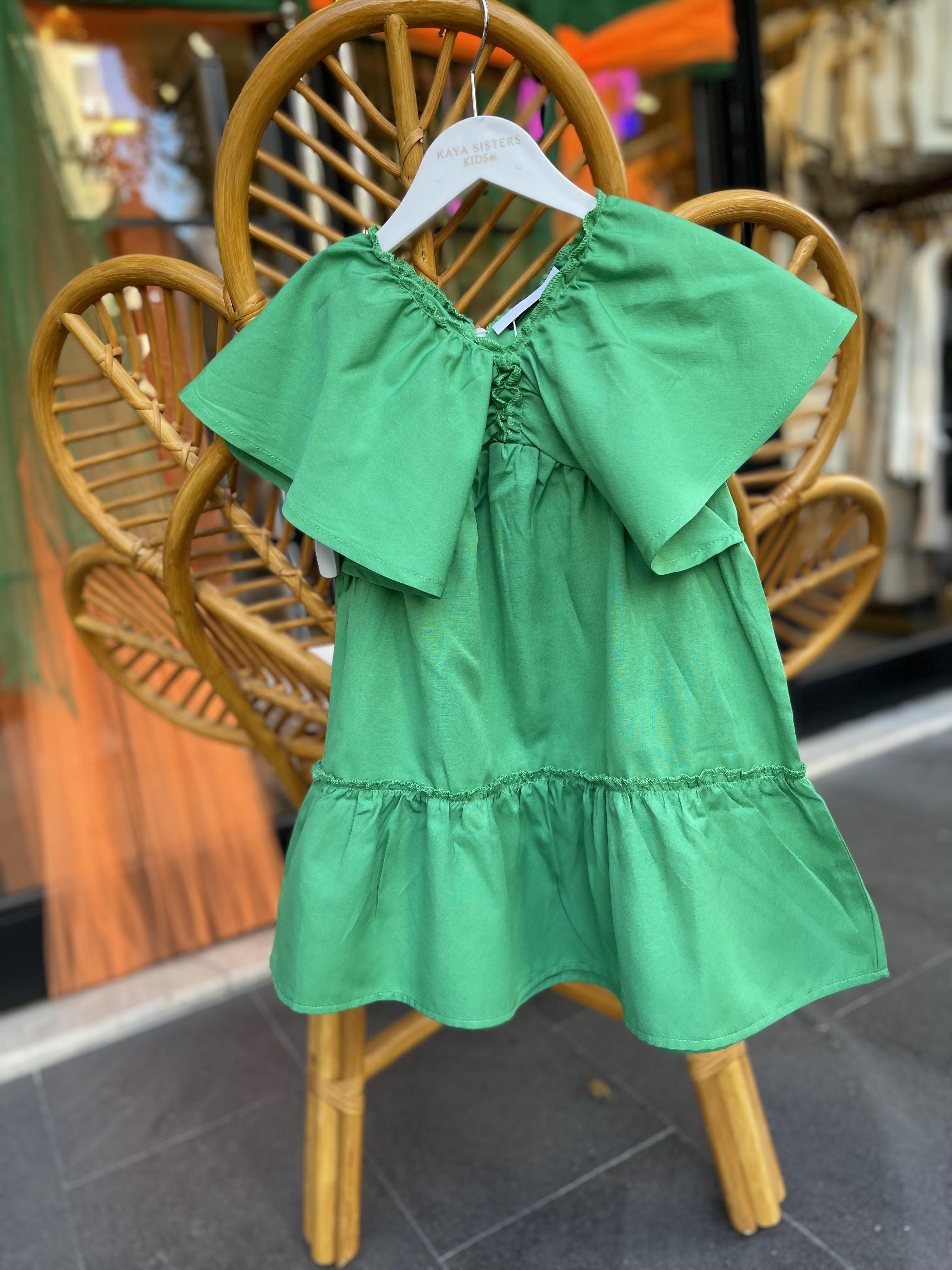 Kids Yeşil Kolları Volanlı Poplin Elbise