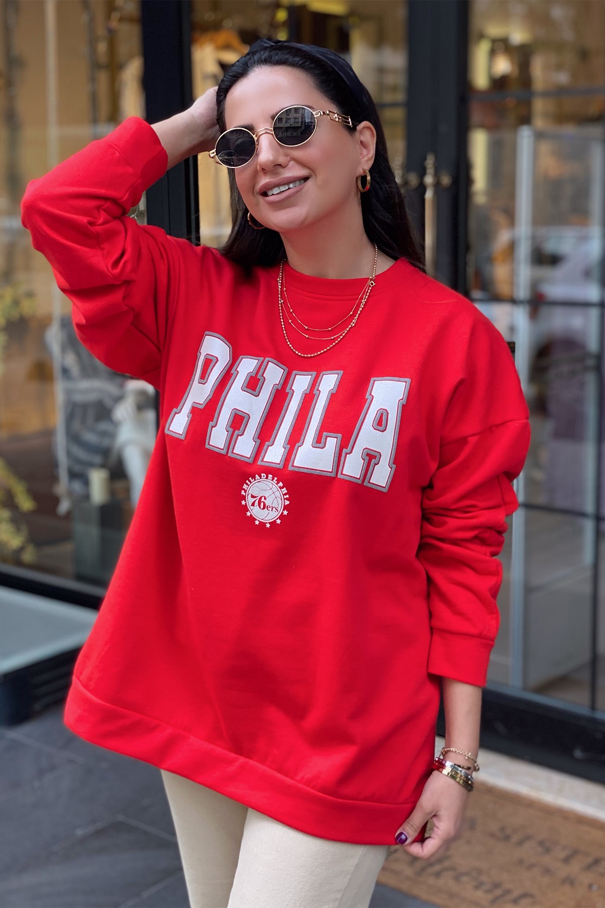 Kırmızı Baskılı Sweatshirt