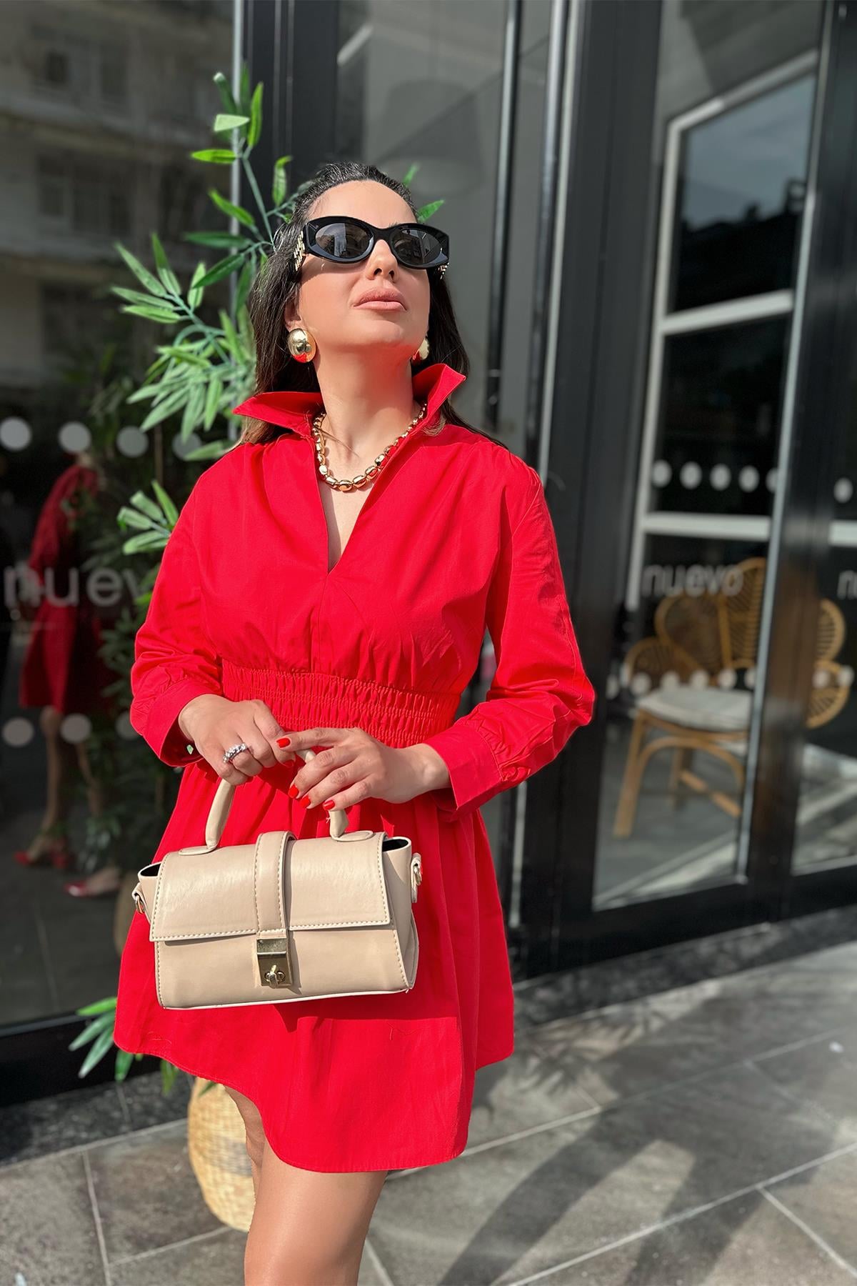 Kırmızı Beli Lastikli Poplin Elbise
