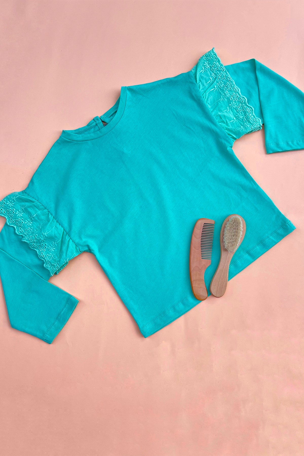 Kolları Fırfır Detaylı Su Yeşili Sweatshirt