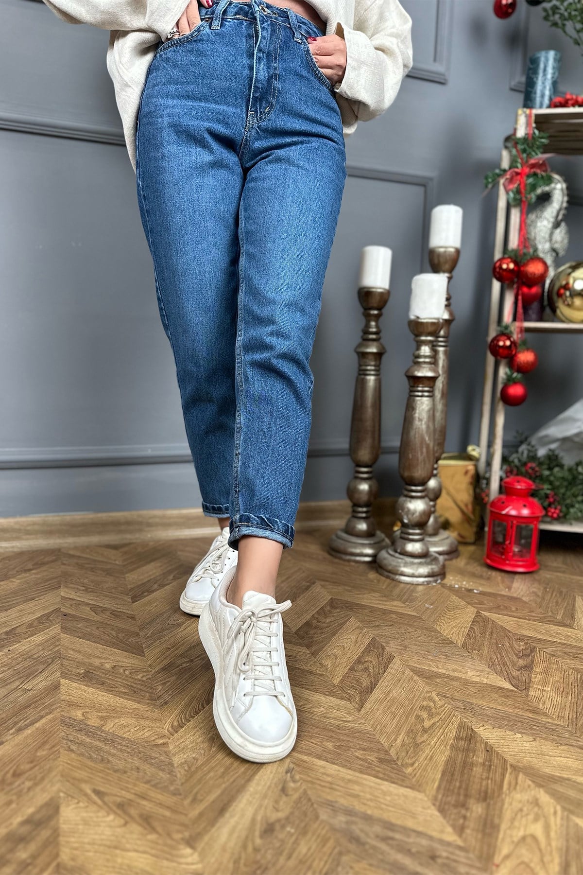Koyu Mavi Renk Mom Jean 