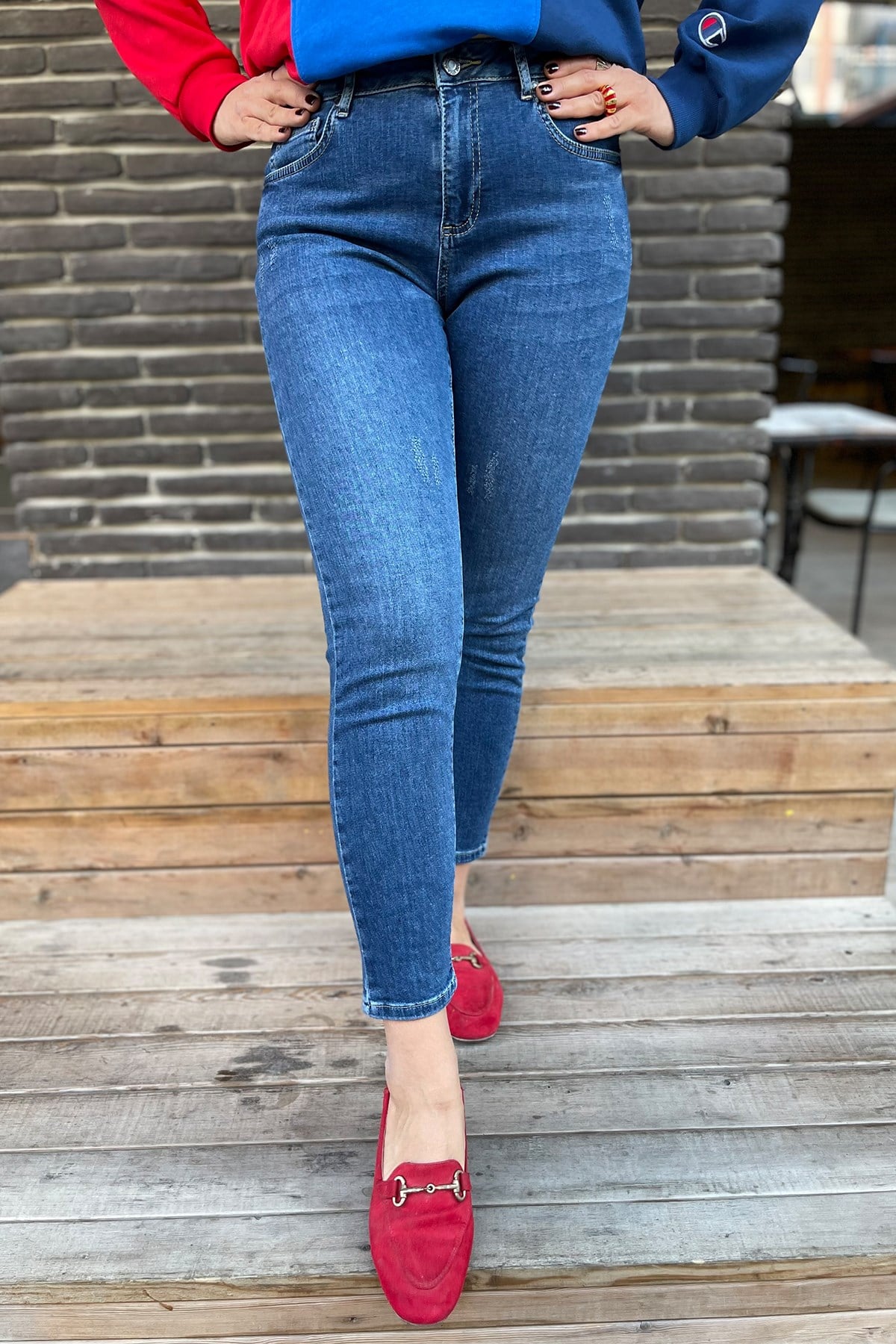 Koyu Renk Likralı Mom Jean Kot Pantolon