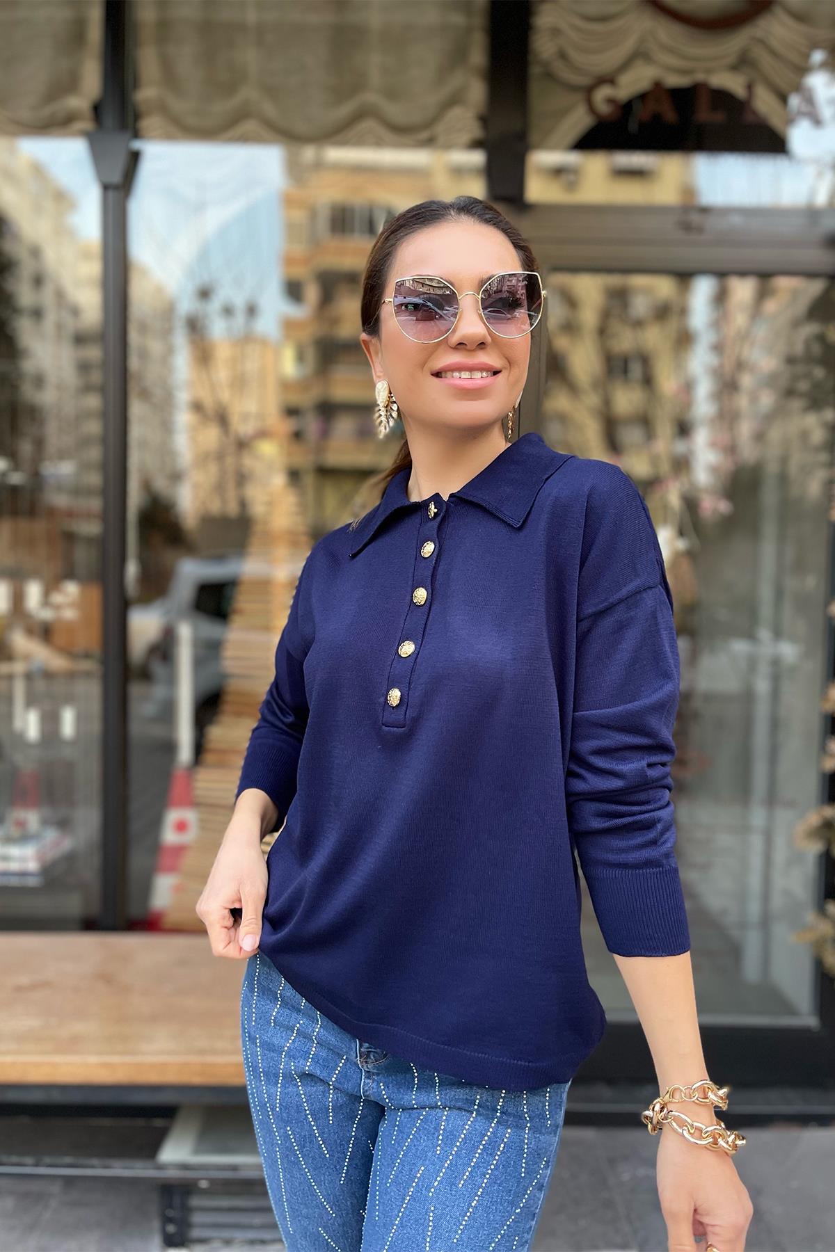 Lacivert Düğme Detaylı Triko Bluz