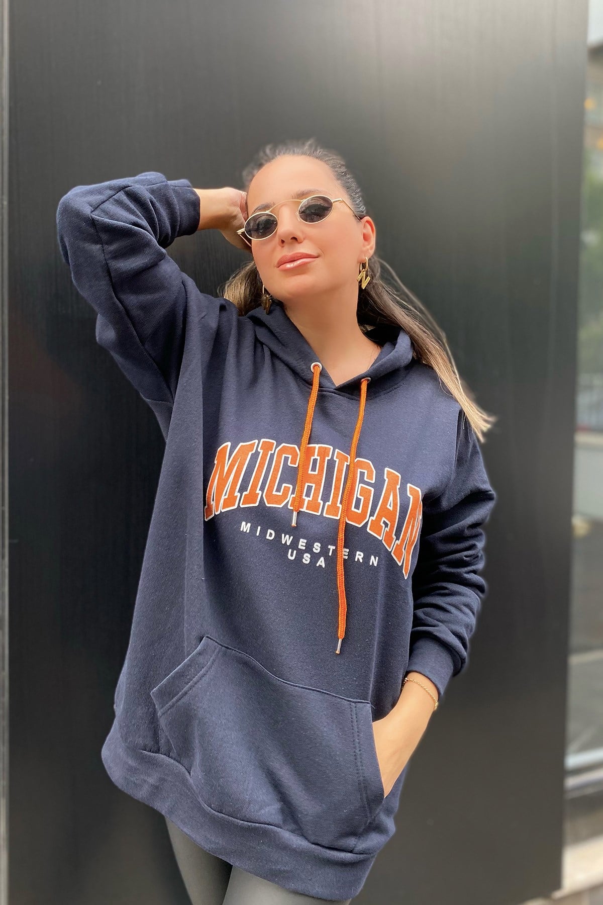 Lacivert Michigan Baskılı Kapşonlu Sweatshirt