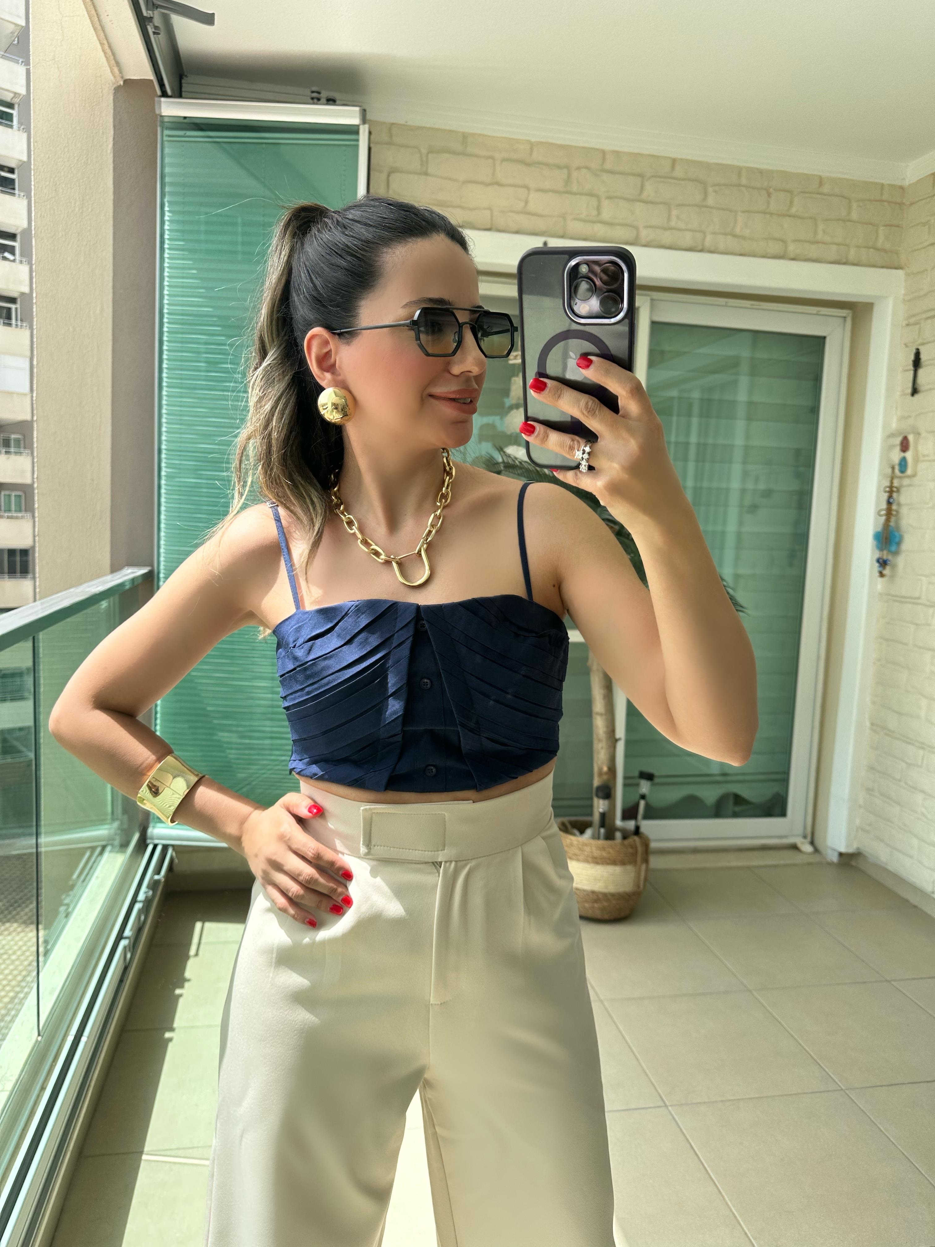 Lacivert Önden Düğmeli Askılı Crop Bluz