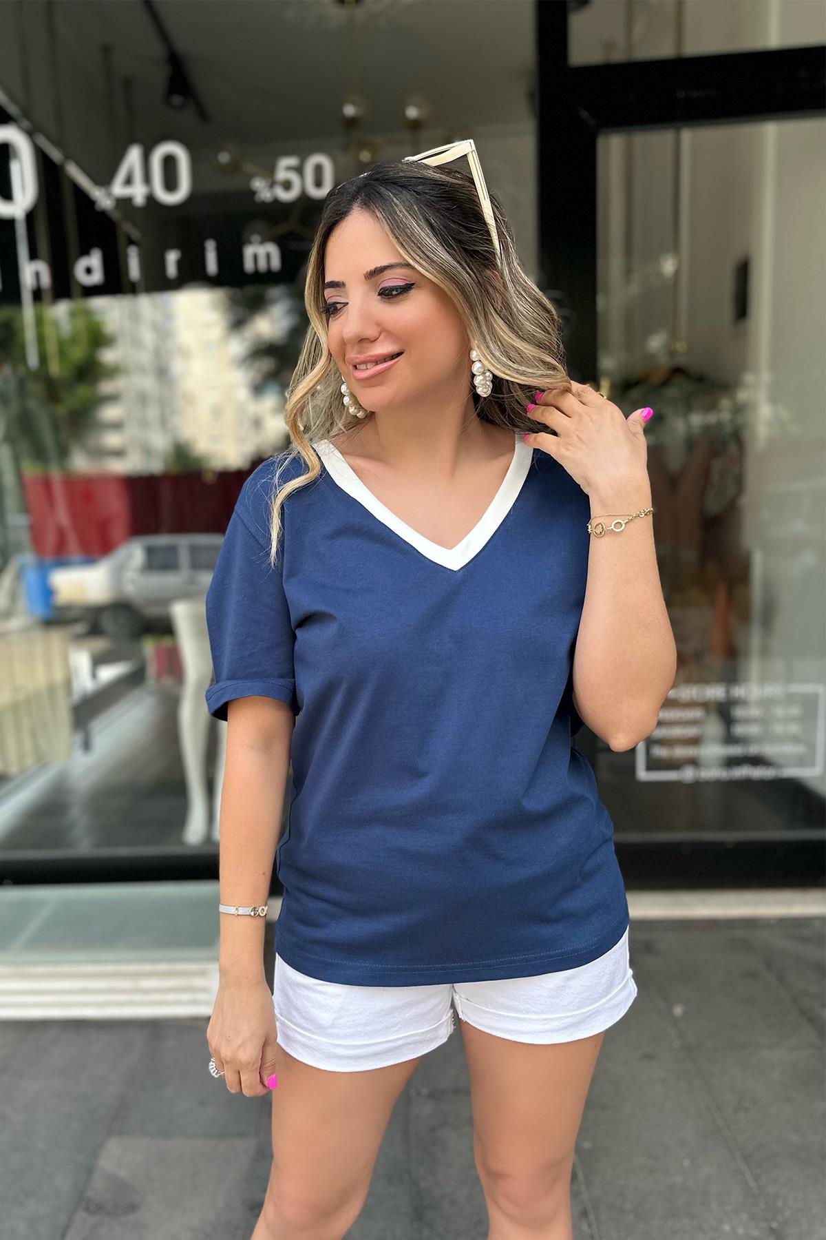 Lacivert V Yaka Yarım Kol Kontrast Tshirt