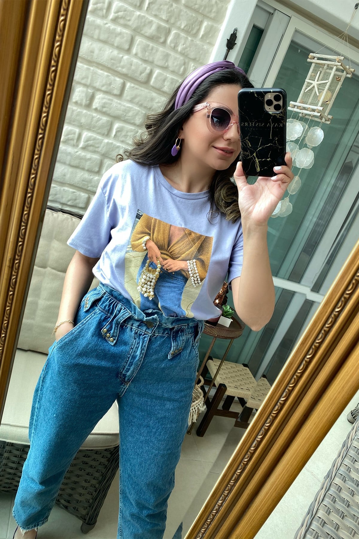 Lila İnci Taş Detaylı Tshirt