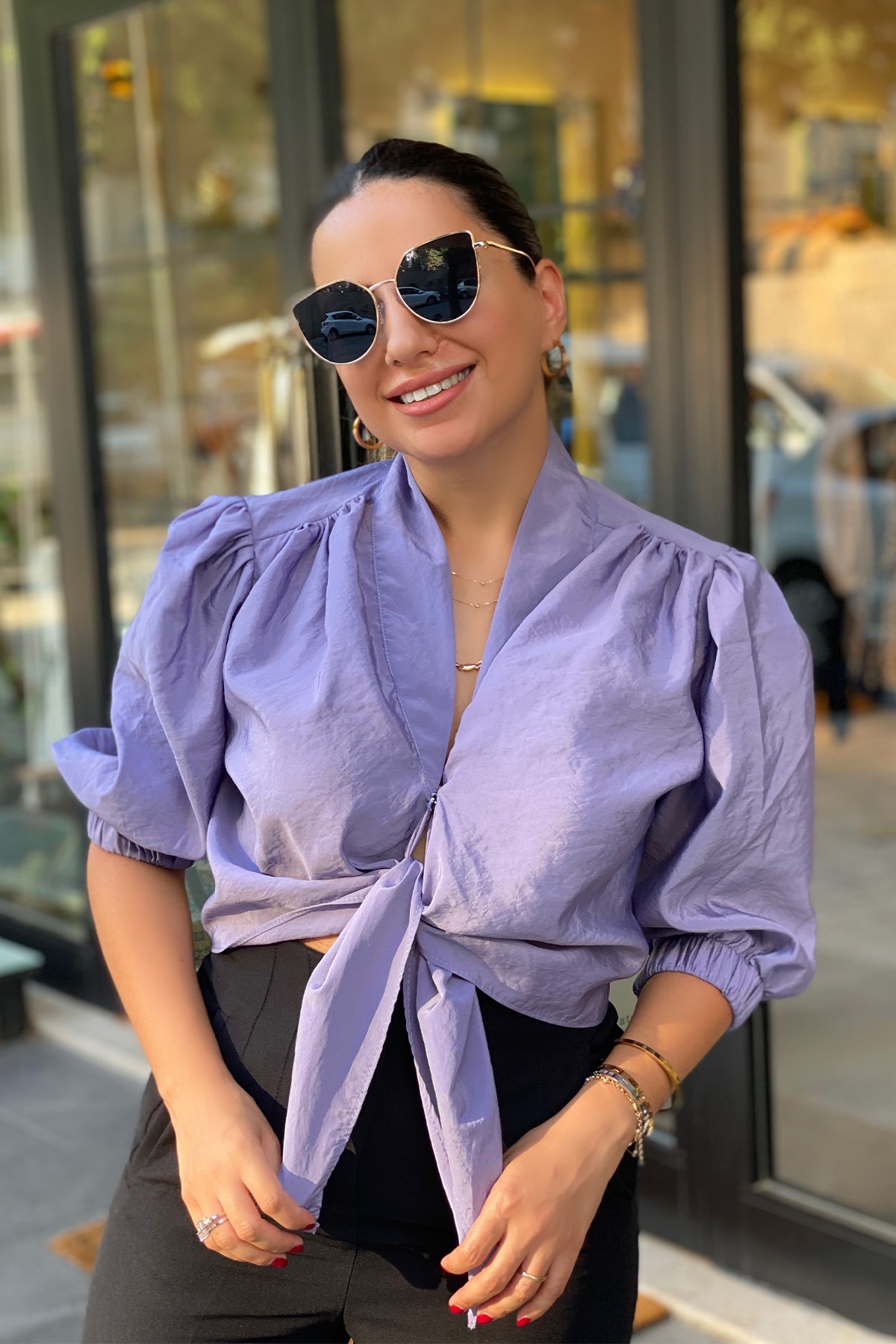Lila Önden Bağlamalı Bluz