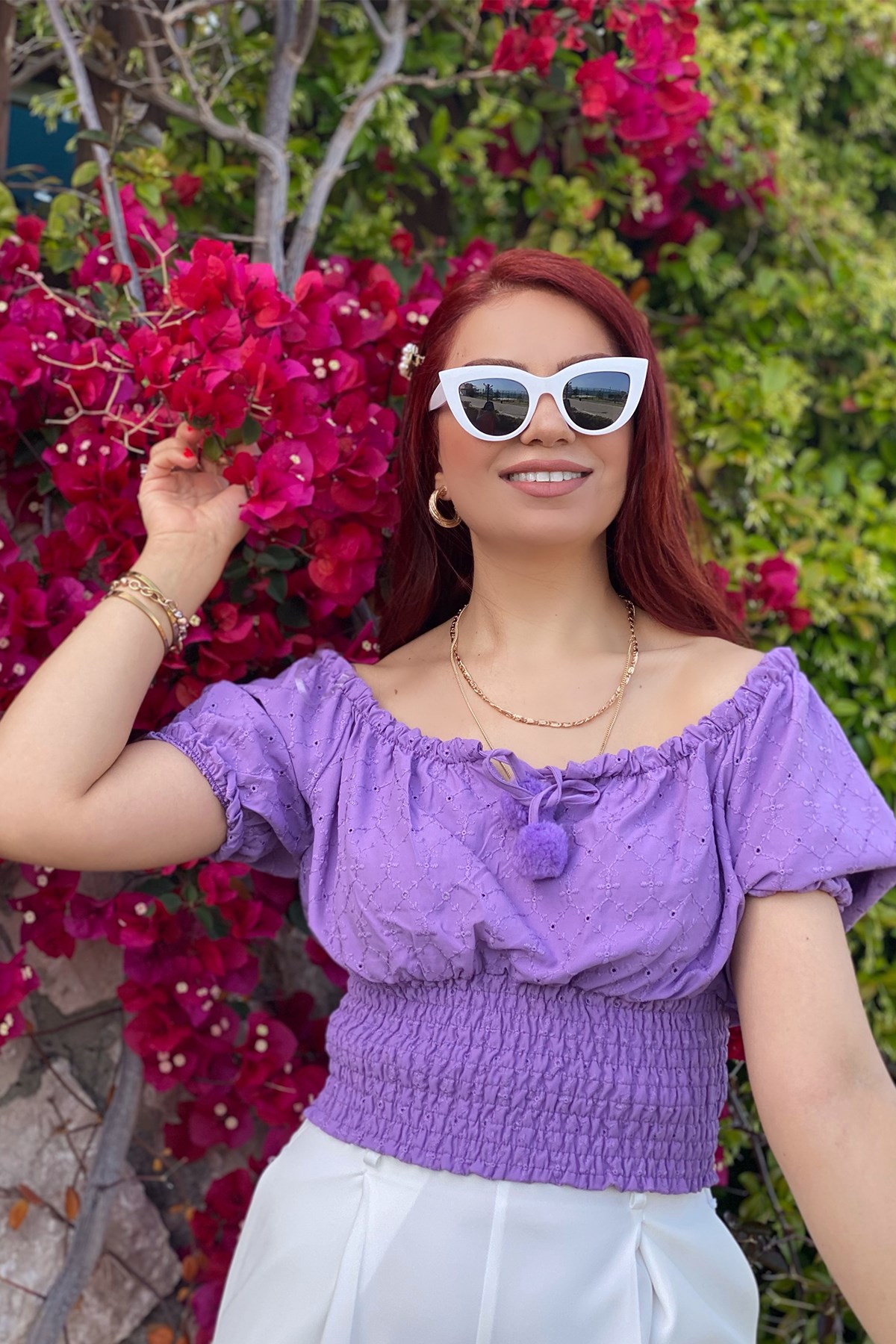 Lila Ponpon Detaylı Gipeli Bluz