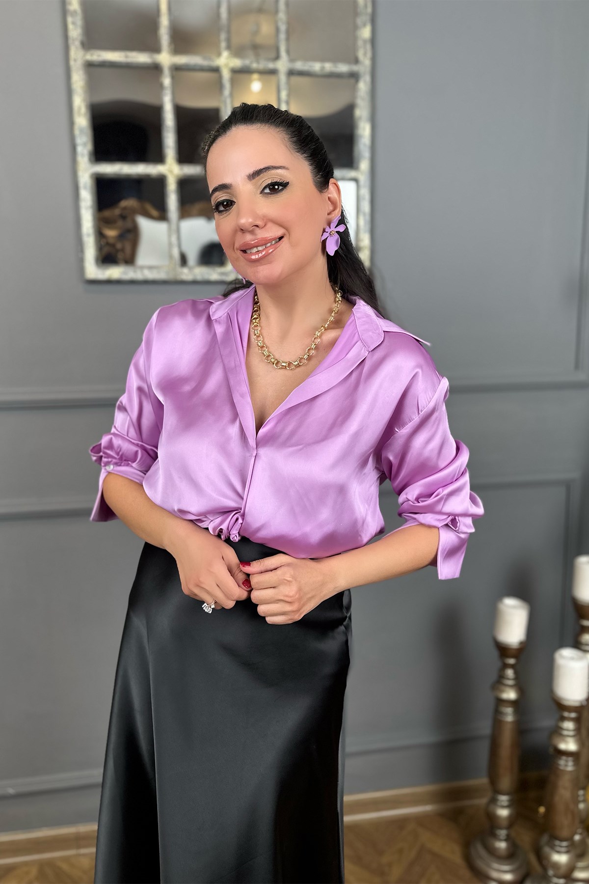 Lila Saten Gömlek