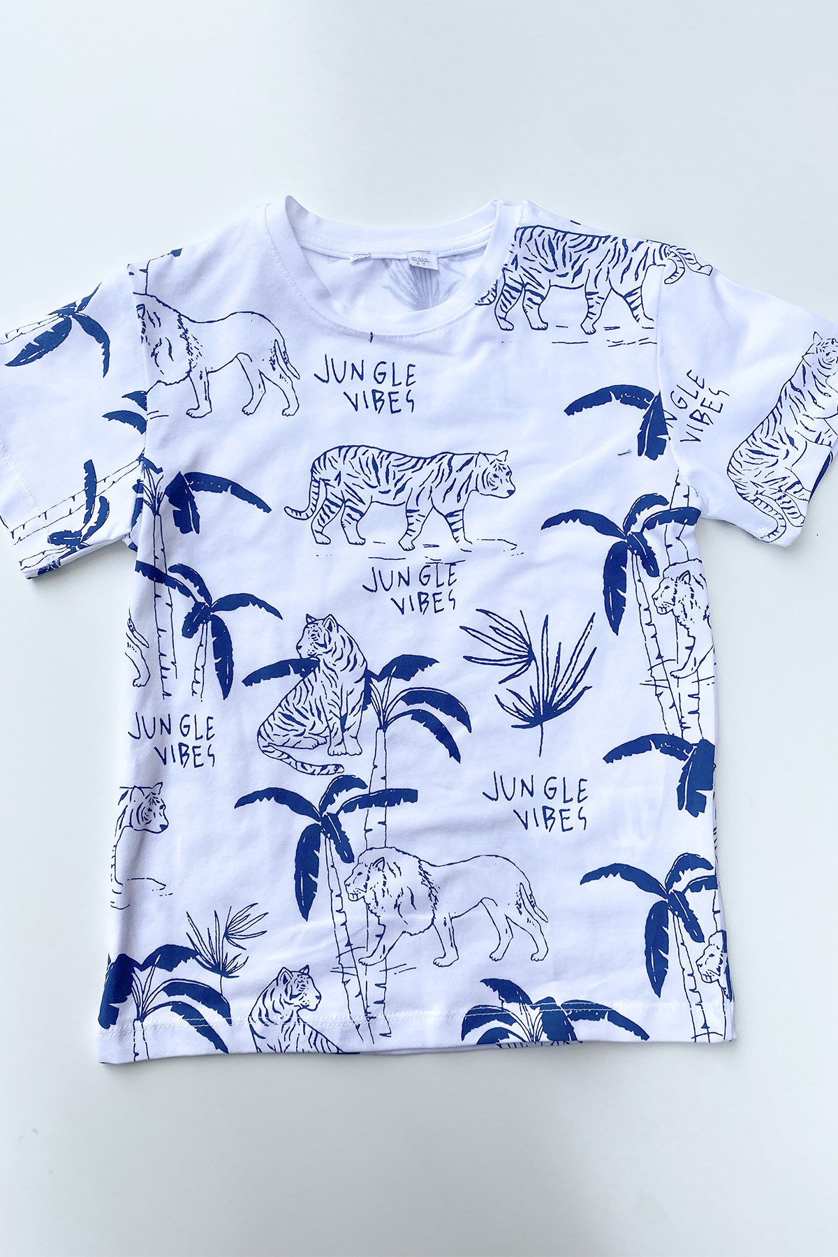Mavi Beyaz Palmiye Aslan Baskı Tshirt