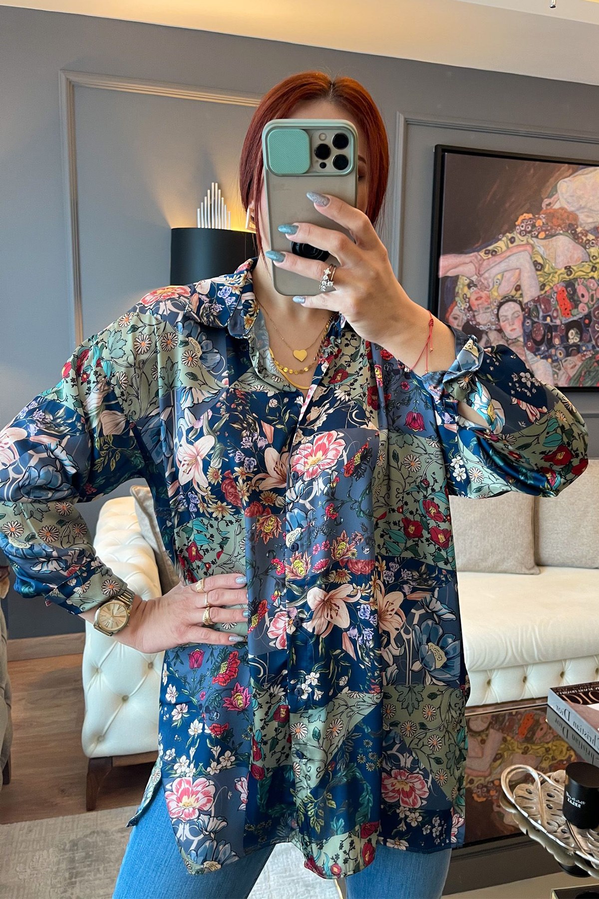 Mavi Çiçek Desenli Oversize Gömlek