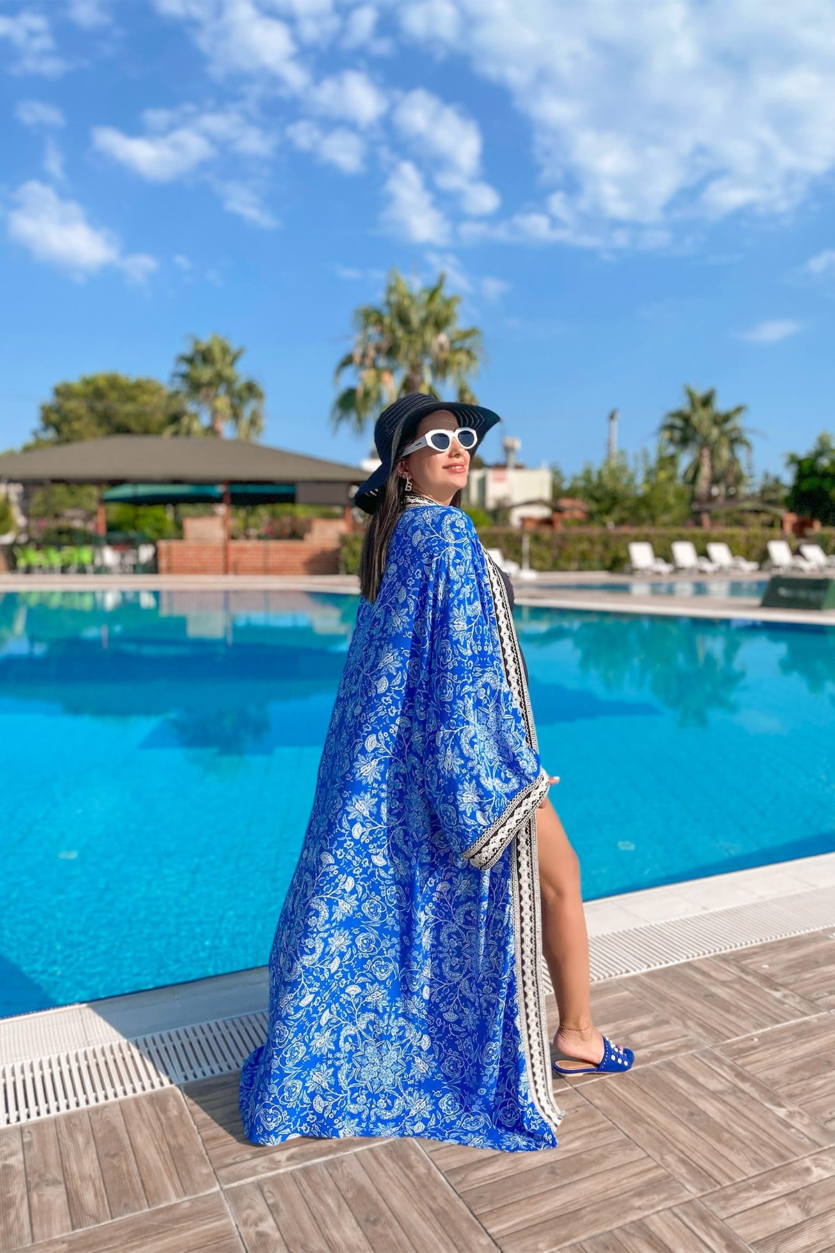 Mavi Desenli Uzun Kimono