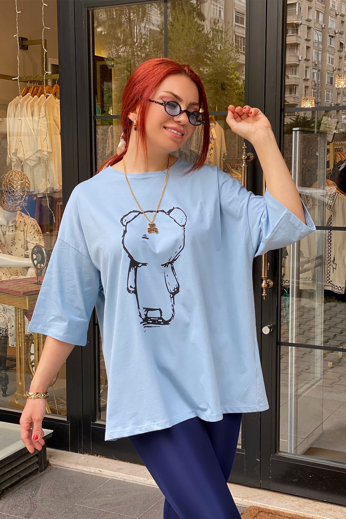 Mavi Panda Baskılı Oversize Tshirt