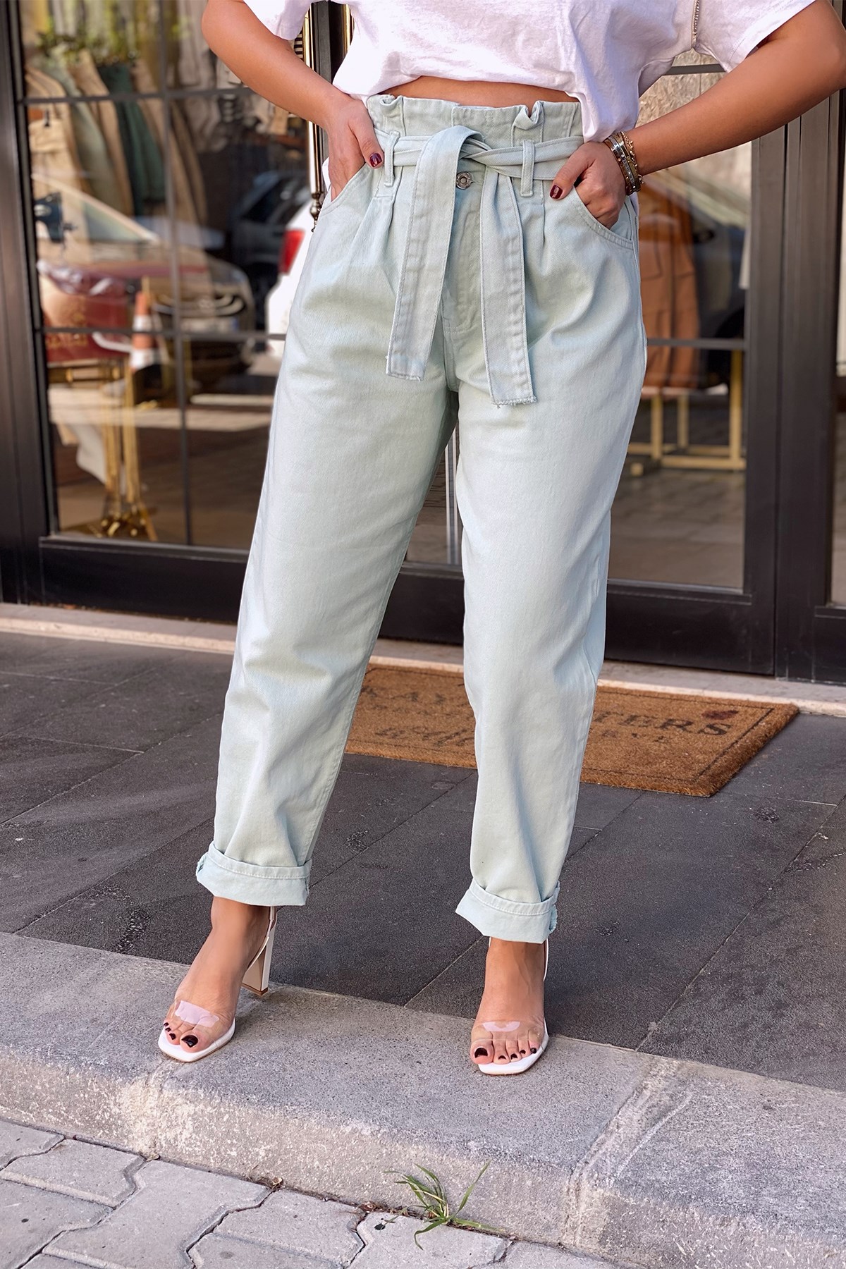 Mint Yeşil  Kuşaklı Pantolon