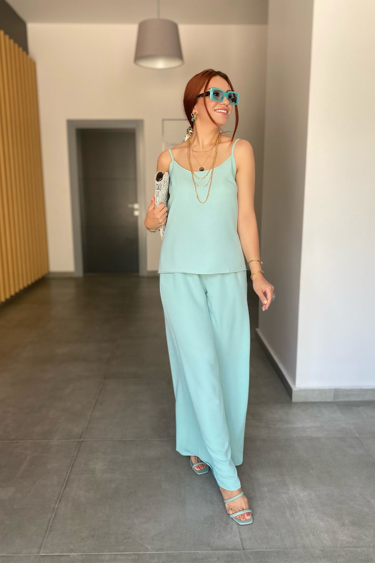 Mint Yeşil İp Askılı Pantolon Takım