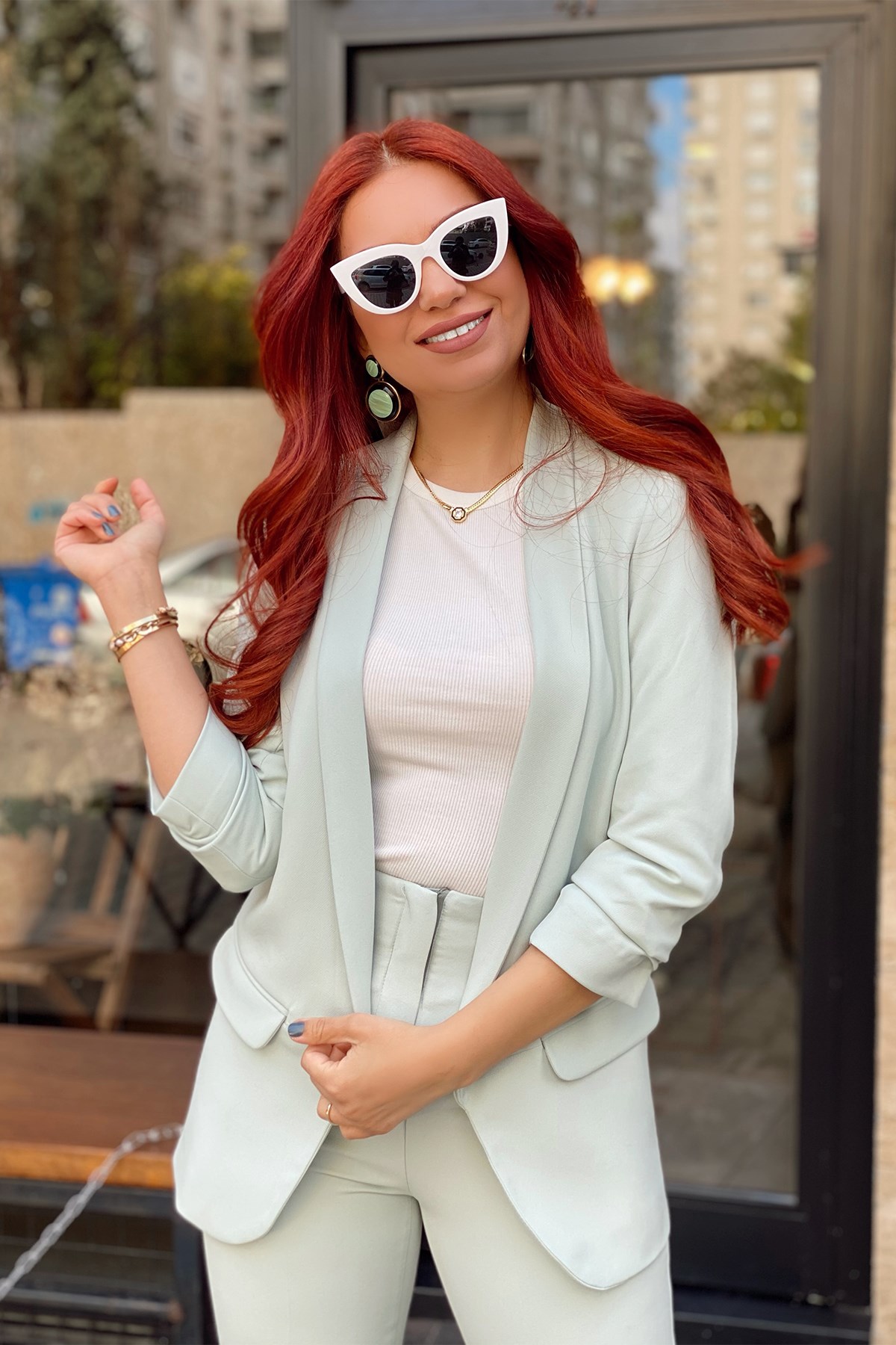 Mint Yeşil Kolu Katlamalı Blazer Ceket