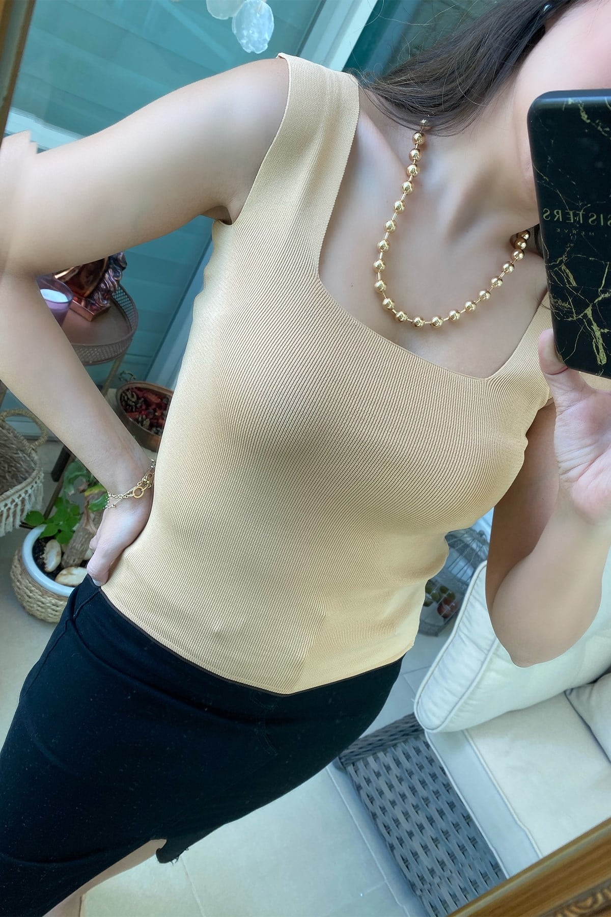 Nude Kalın Askılı Triko Bluz