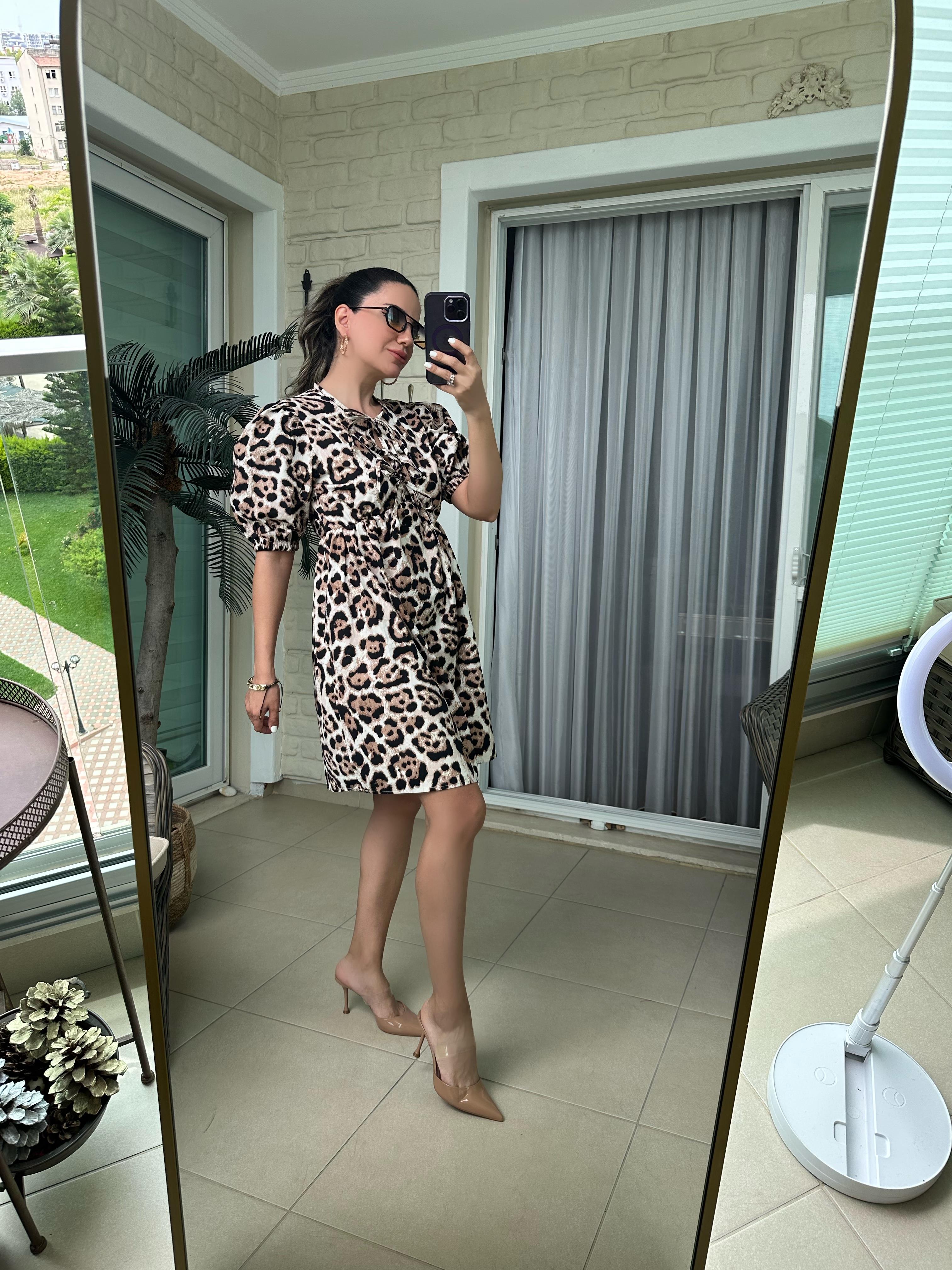 Önü Bağlamalı Leopar Poplin Elbise