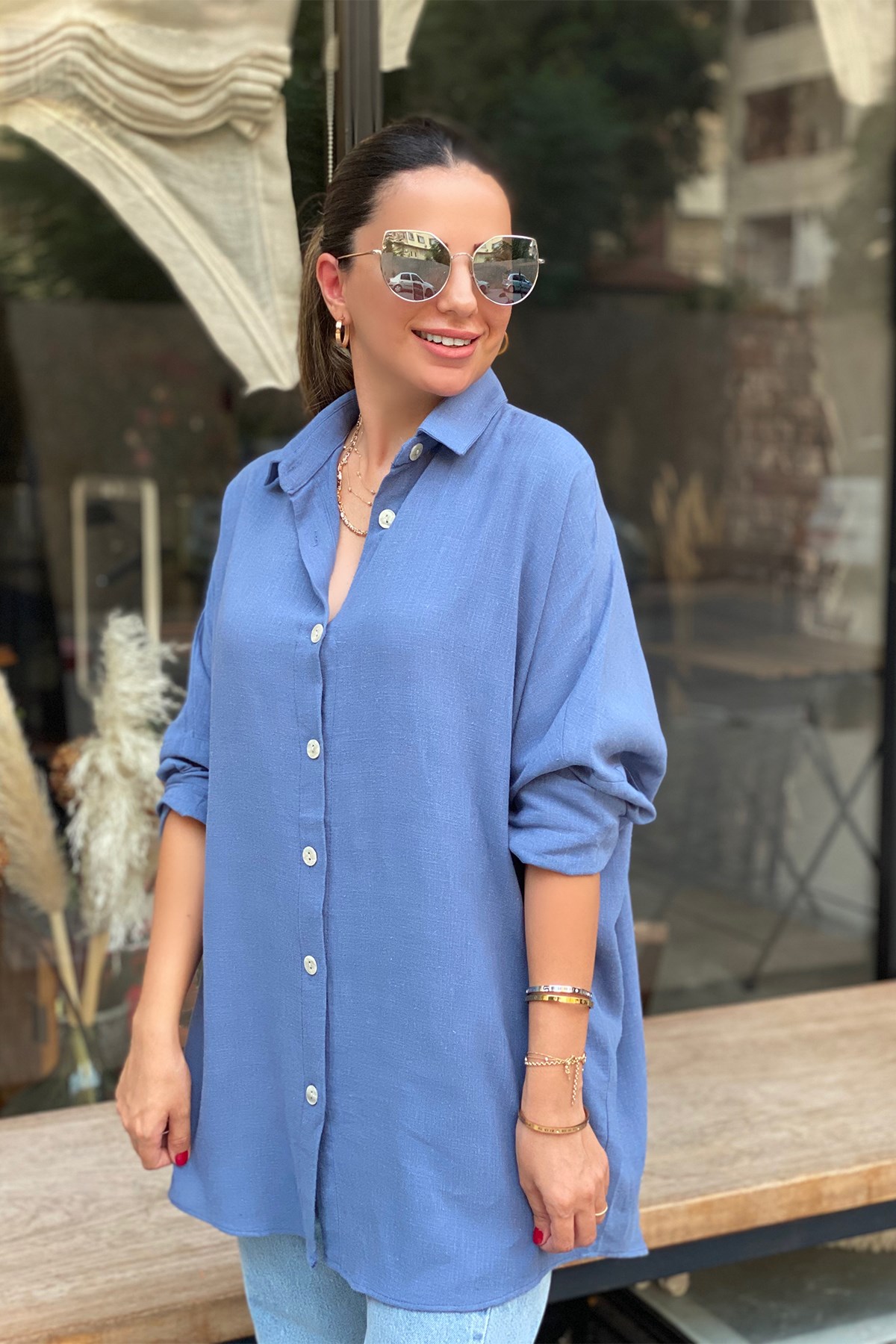 Oversize İndigo Mavi Keten Gömlek