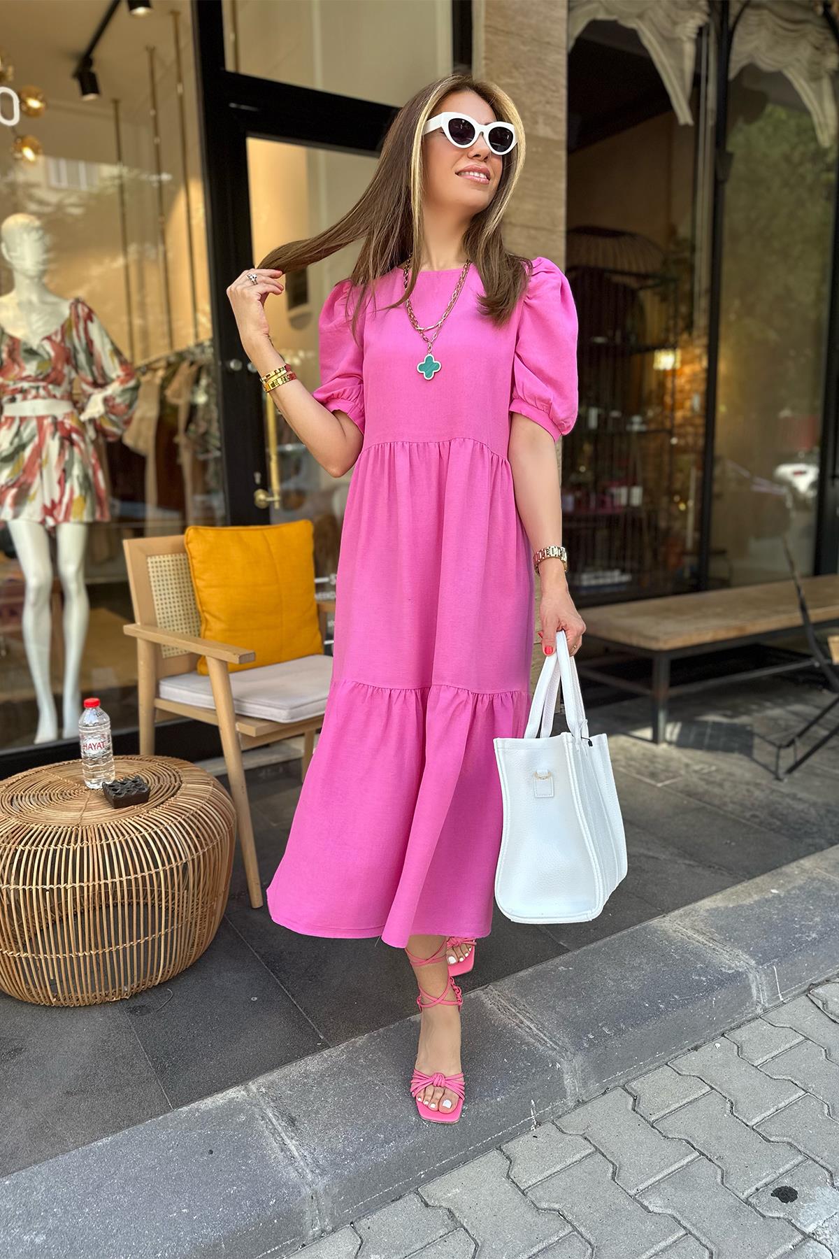 Pembe Balon Kol Keten Elbise