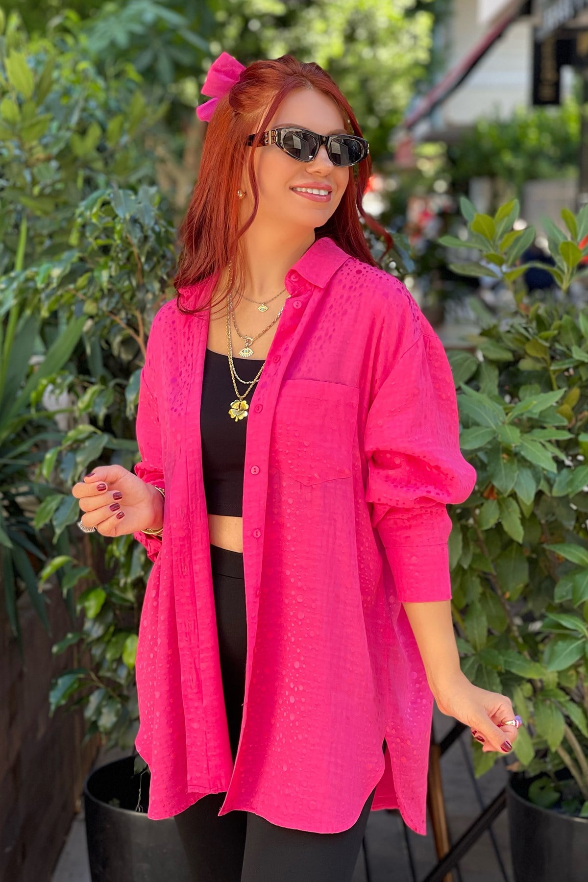 Pembe Benekli Saten Gömlek