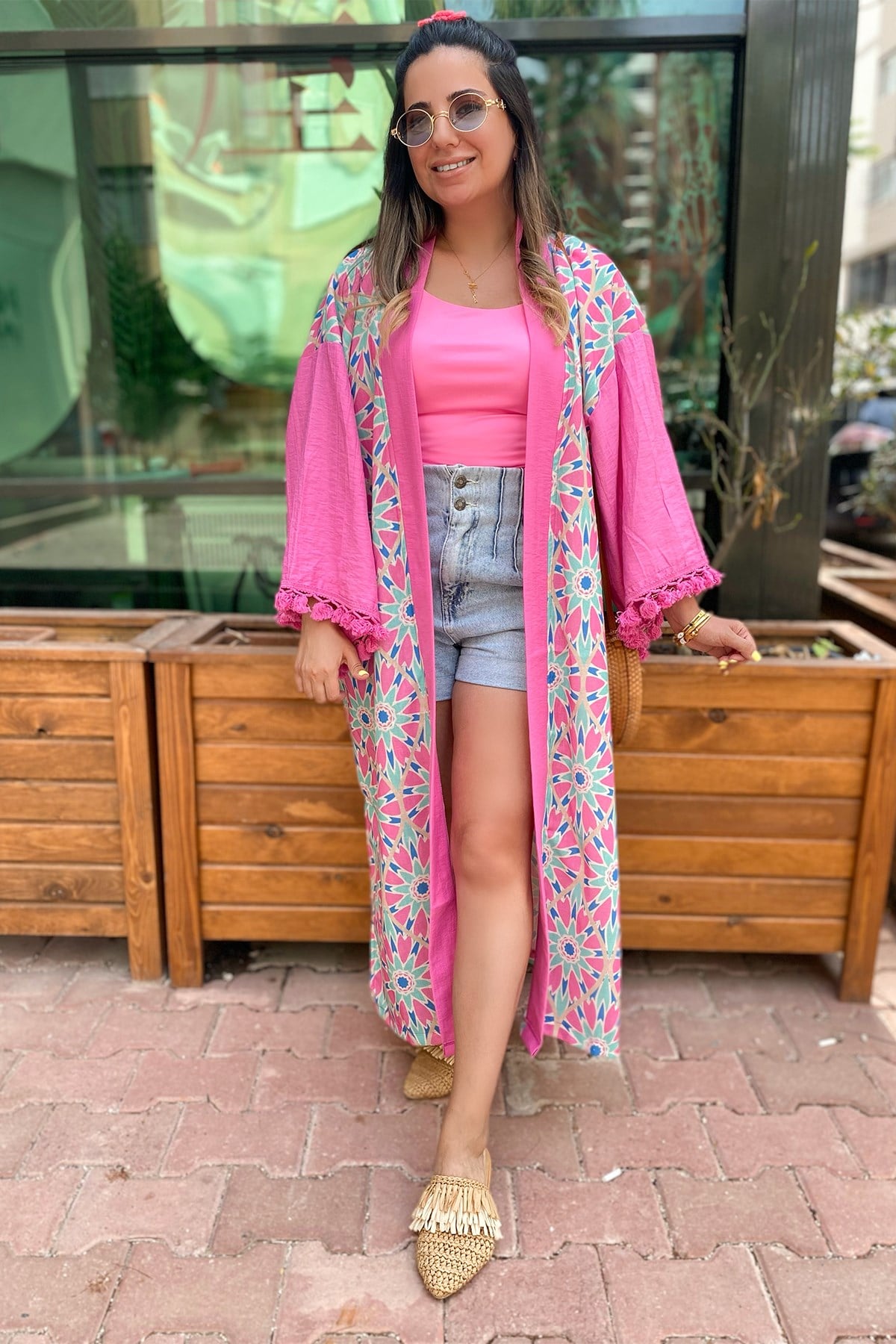Pembe Desenli Uzun Kimono