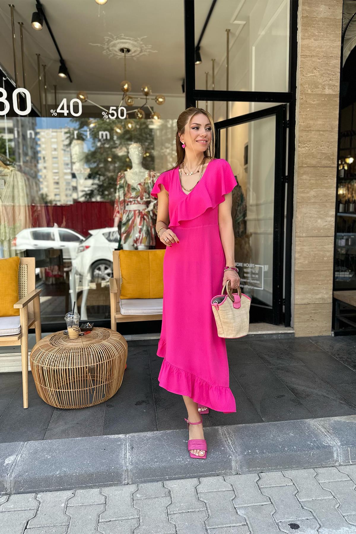 Pembe Fırfırlı Asimetrik Elbise