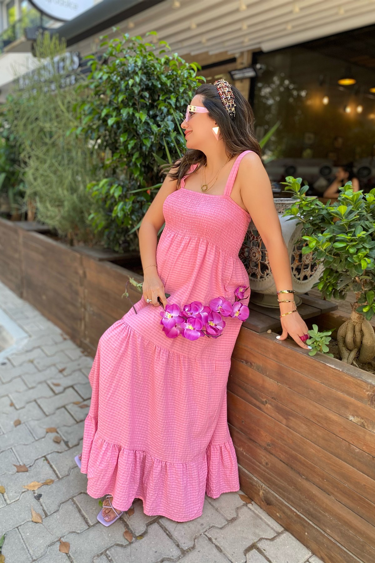 Pembe Gipeli Büzgülü Elbise
