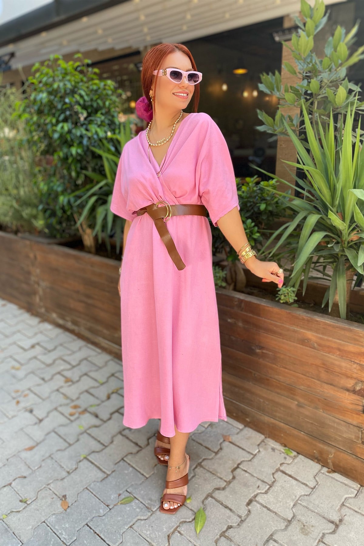 Pembe Kruvaze Kemerli Elbise