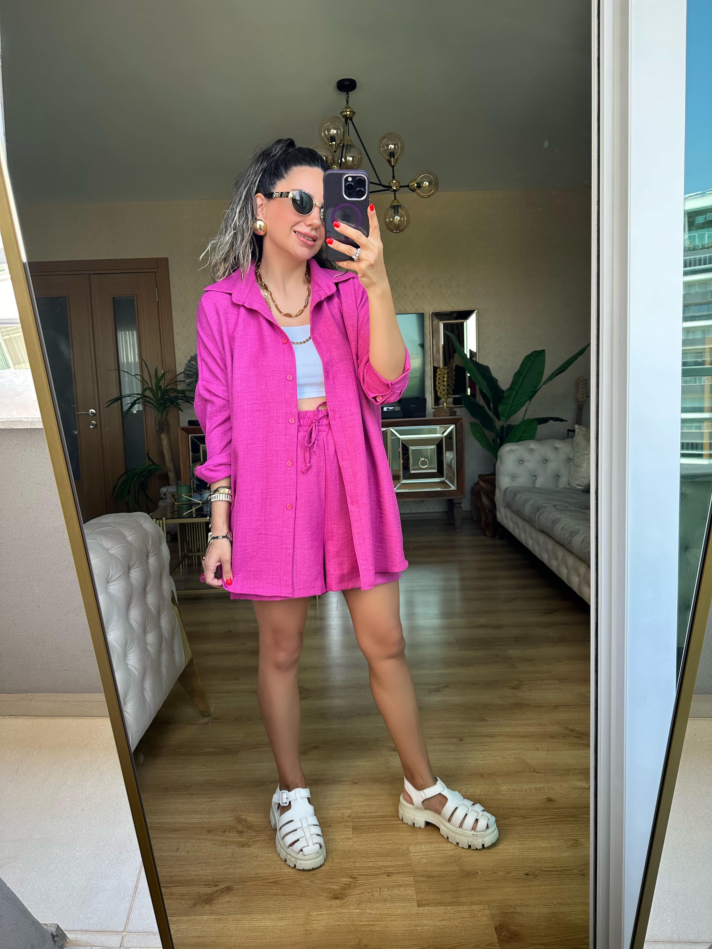 Pembe Orj Marka Şort Gömlek Takım