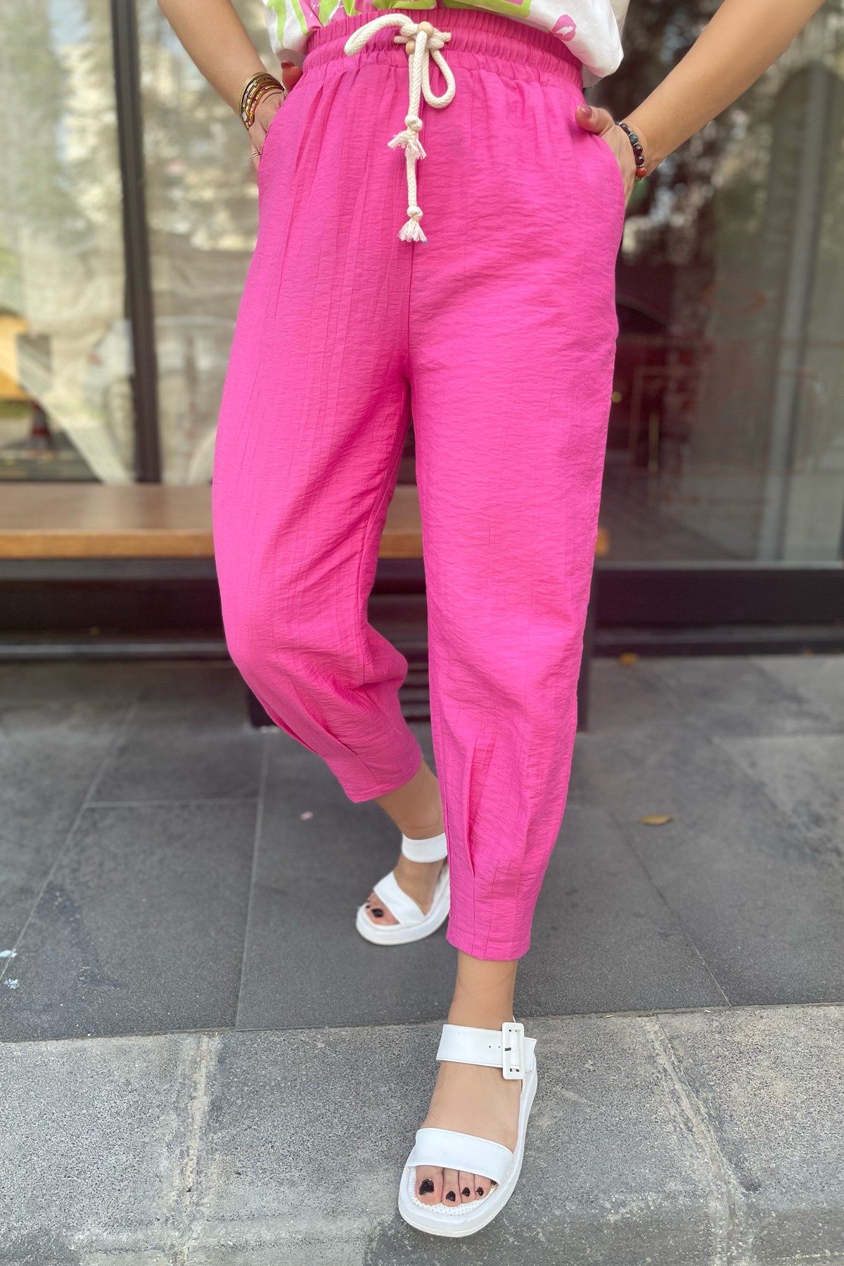 Pembe Paça Büzgülü Keten Pantolon