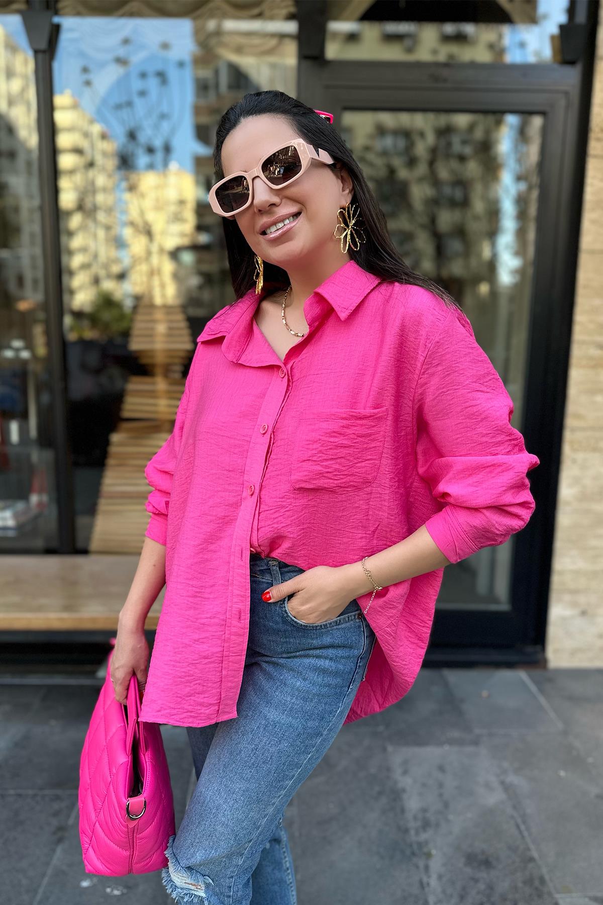 Pembe Tek Cepli Oversize Gömlek