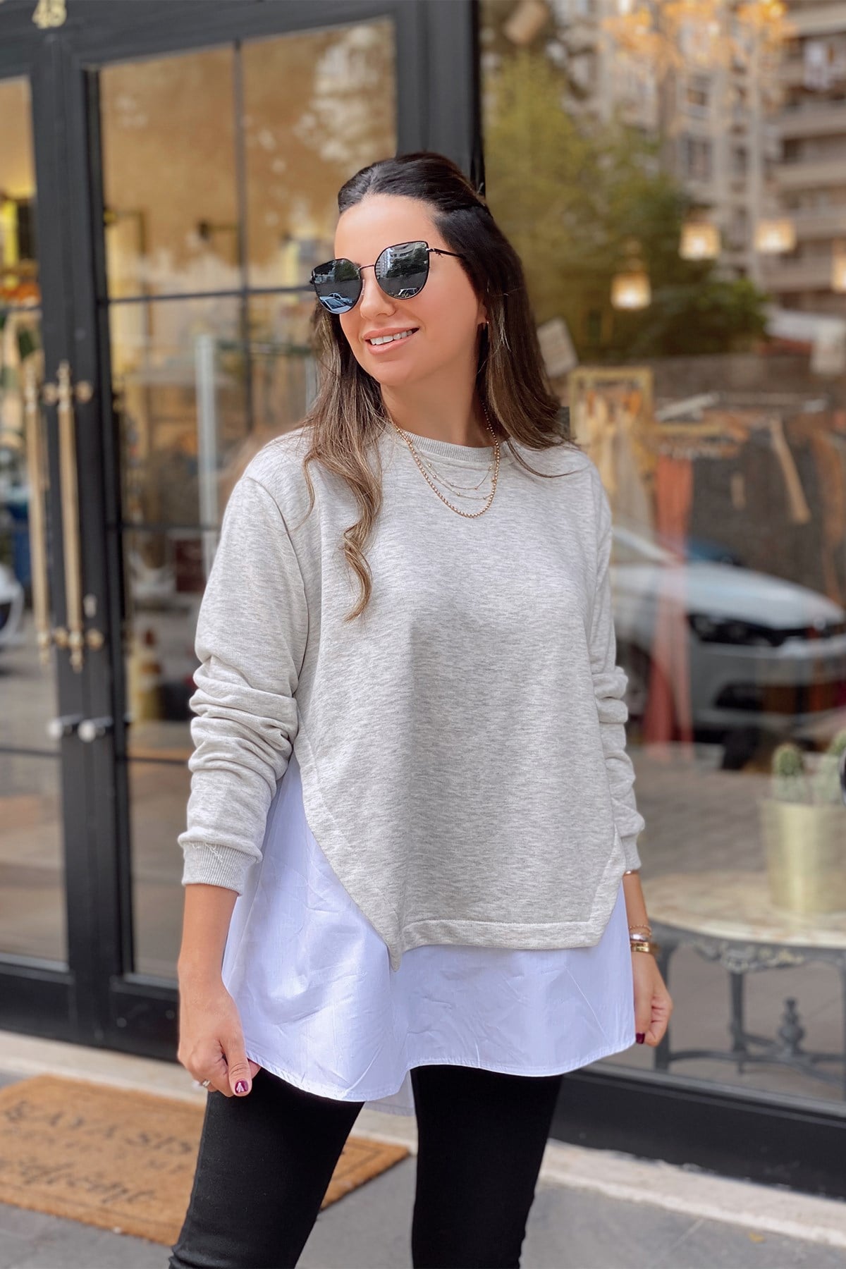 Poplin Detaylı Gri Sweat