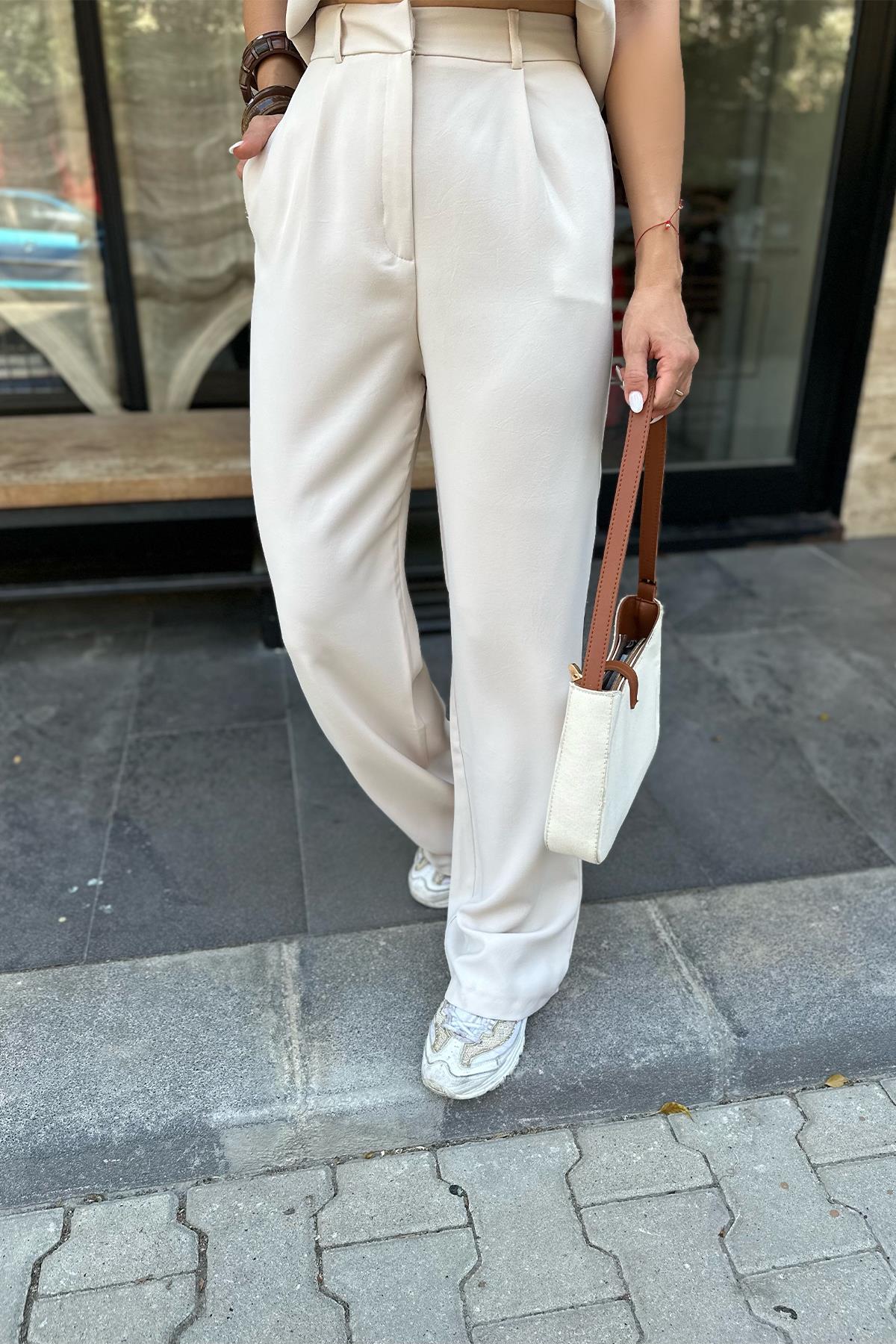 Premium Bej Renk Palazzo Pantolon