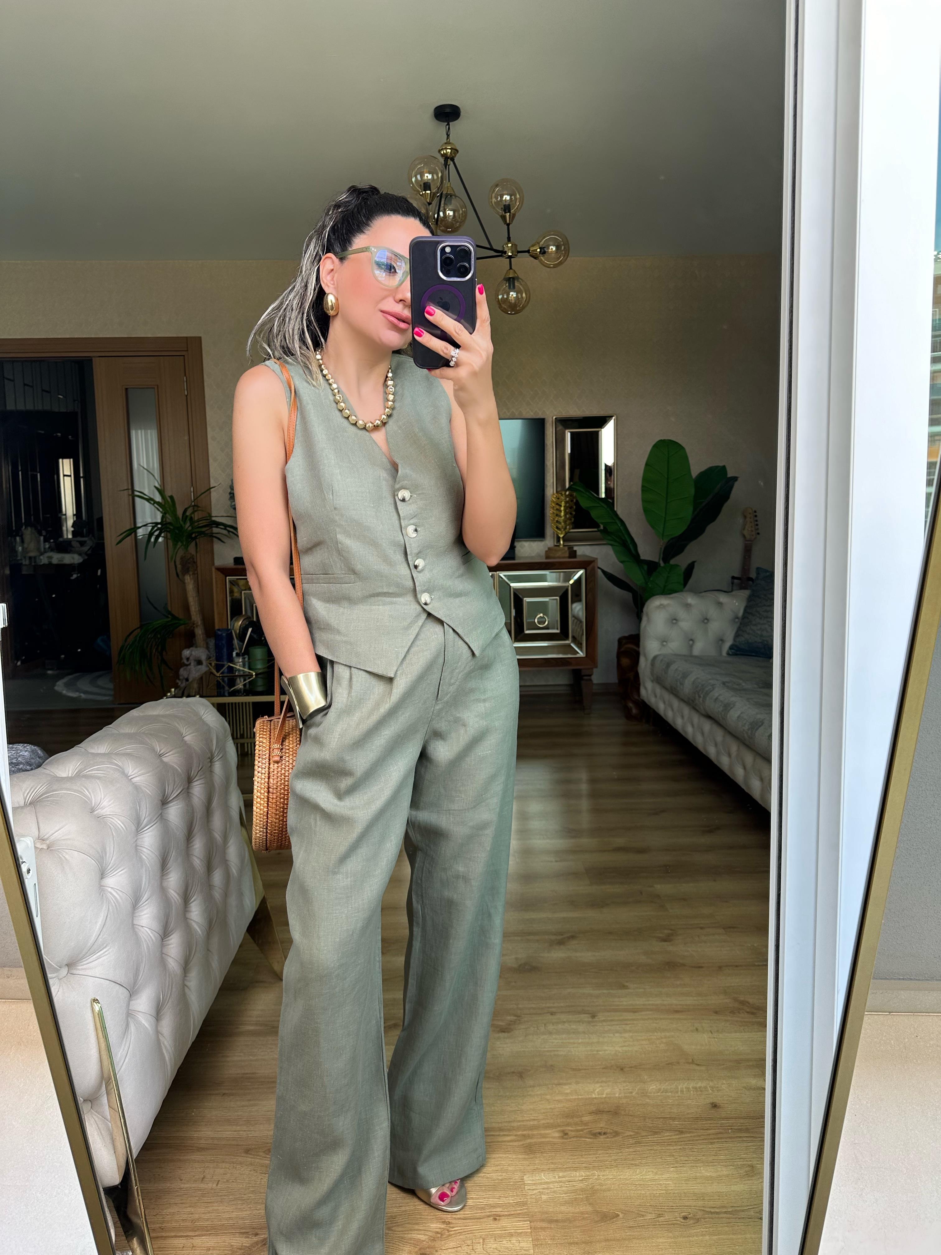 Premium Haki Yeşil Keten Pantolon Takım