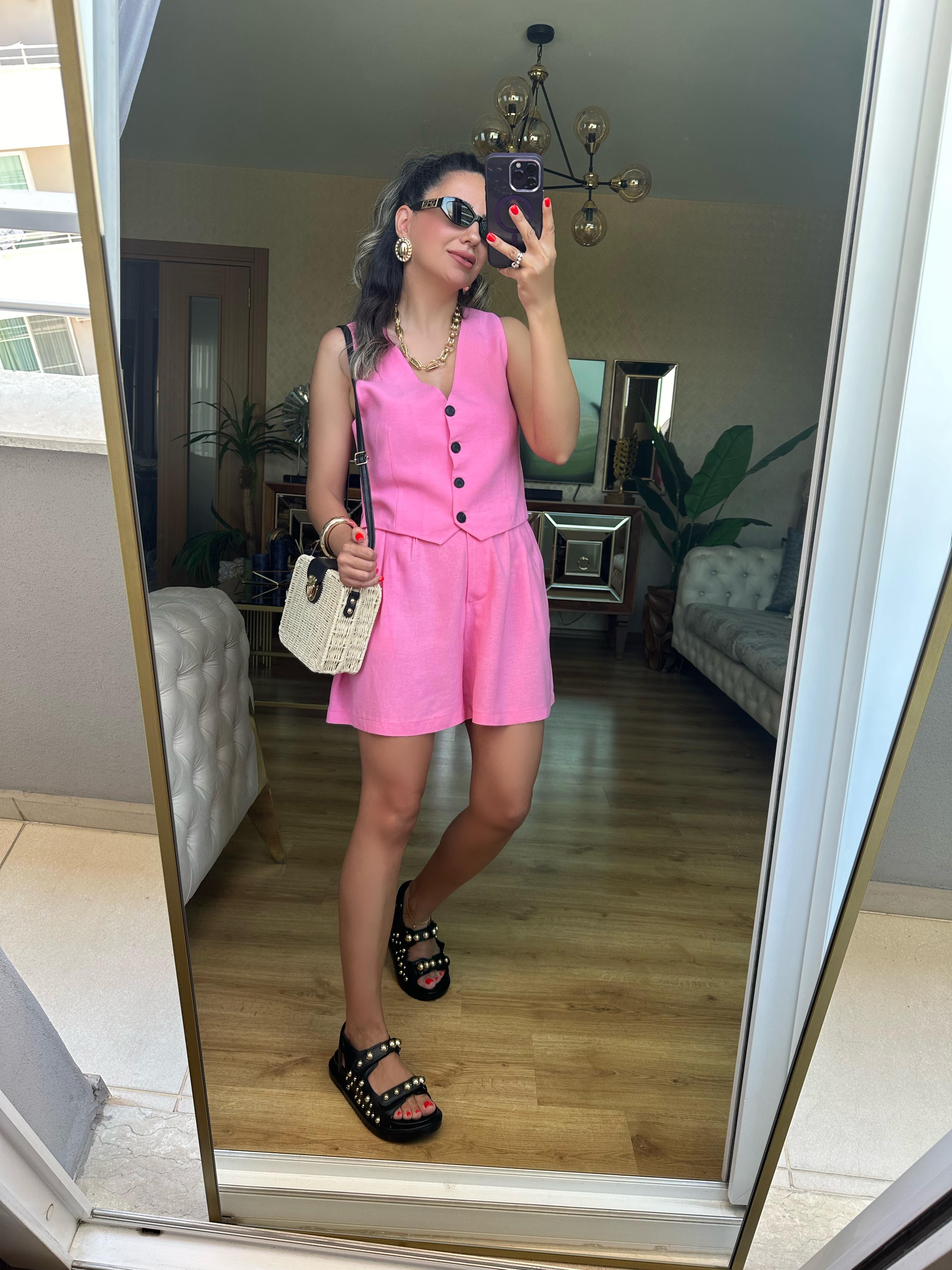 Premium Keten Pembe Şort Yelek Takım 