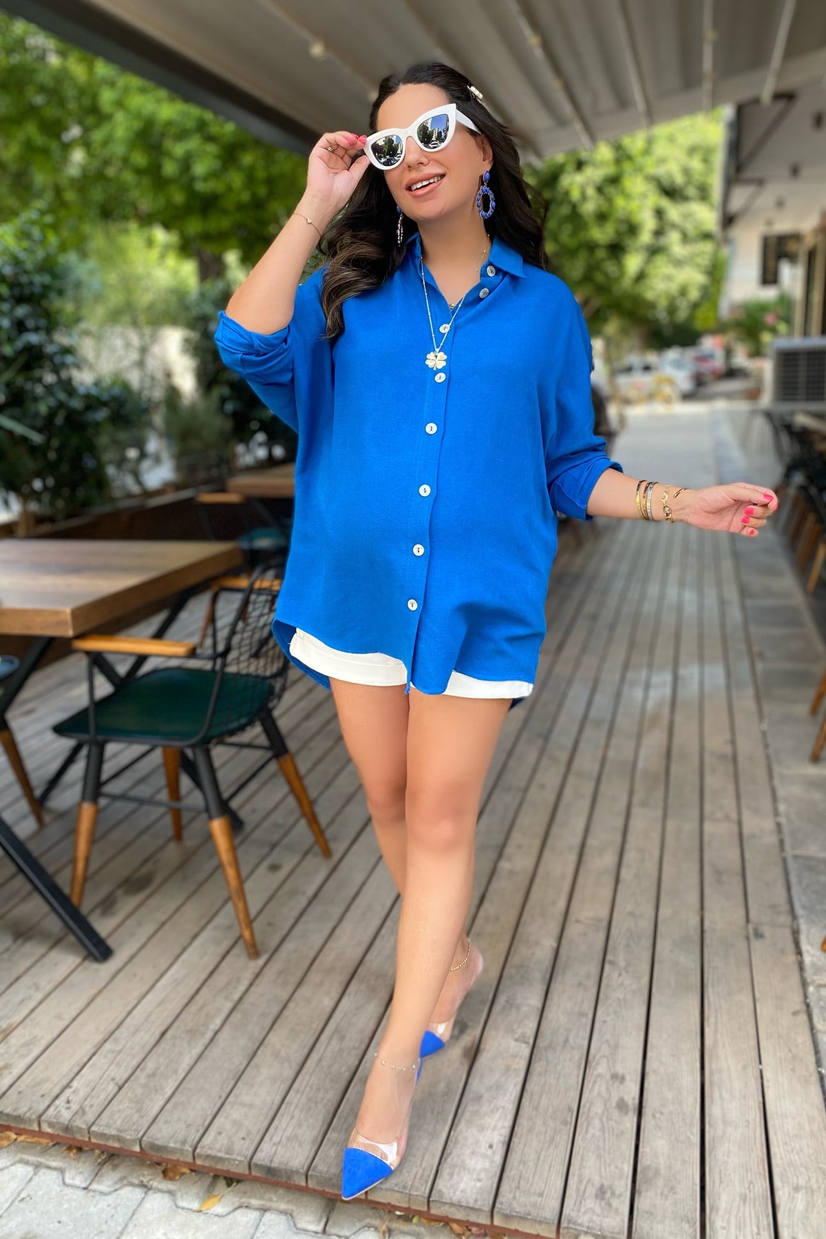 Saks Mavi Renk Oversize Keten Gömlek