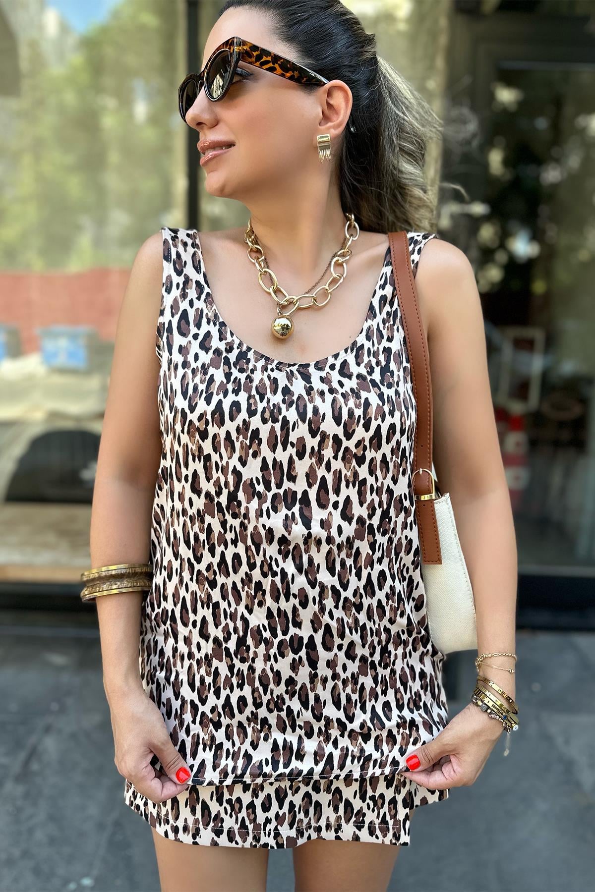 Saten Kahve Leopar Bluz