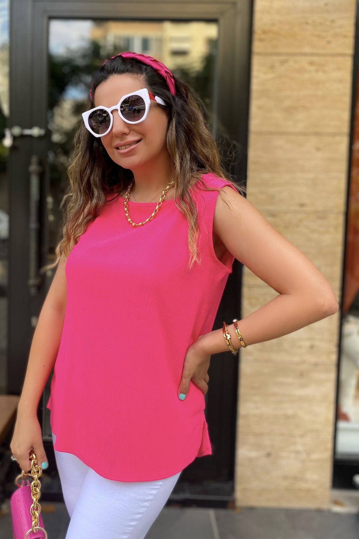 Sıfır Kol Likralı Pembe Bluz 