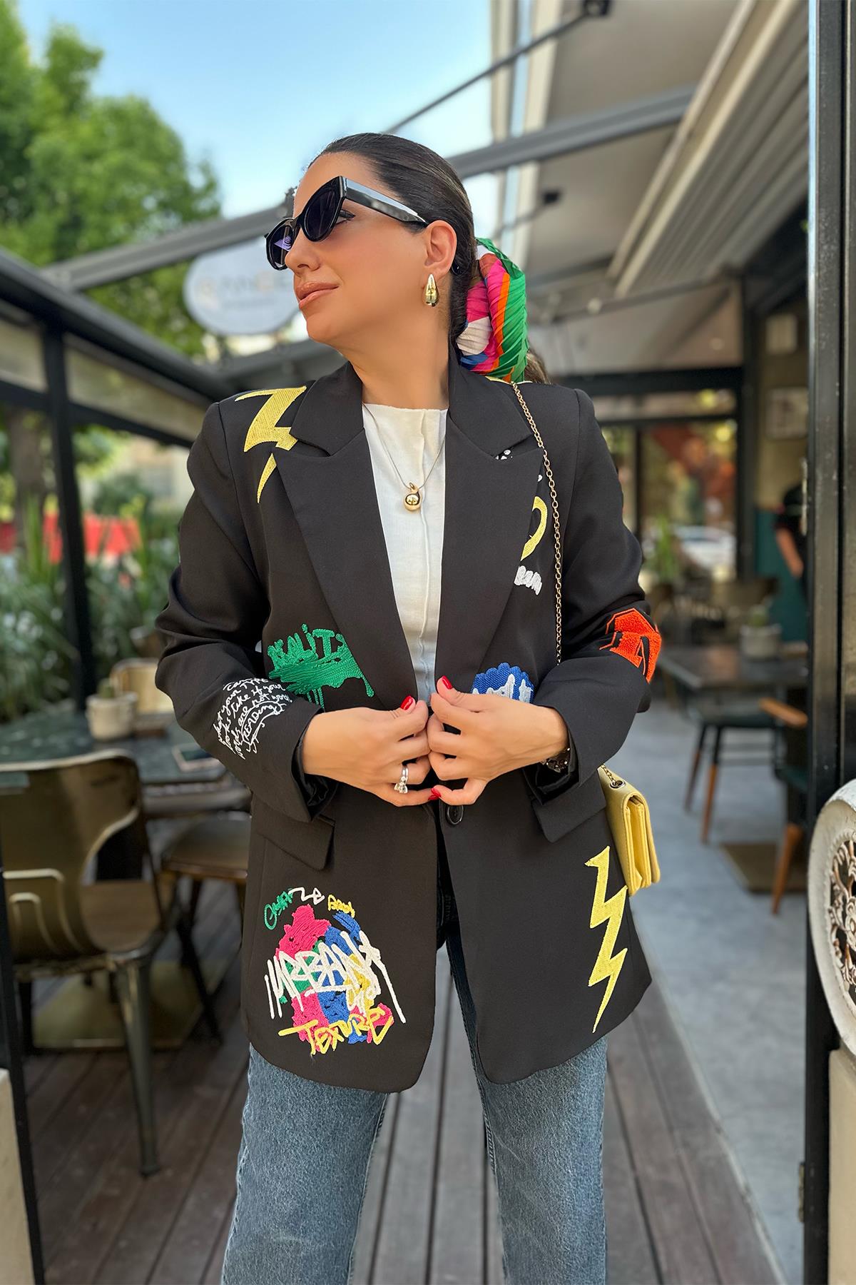Siyah Baskılı Tasarım Blazer Ceket