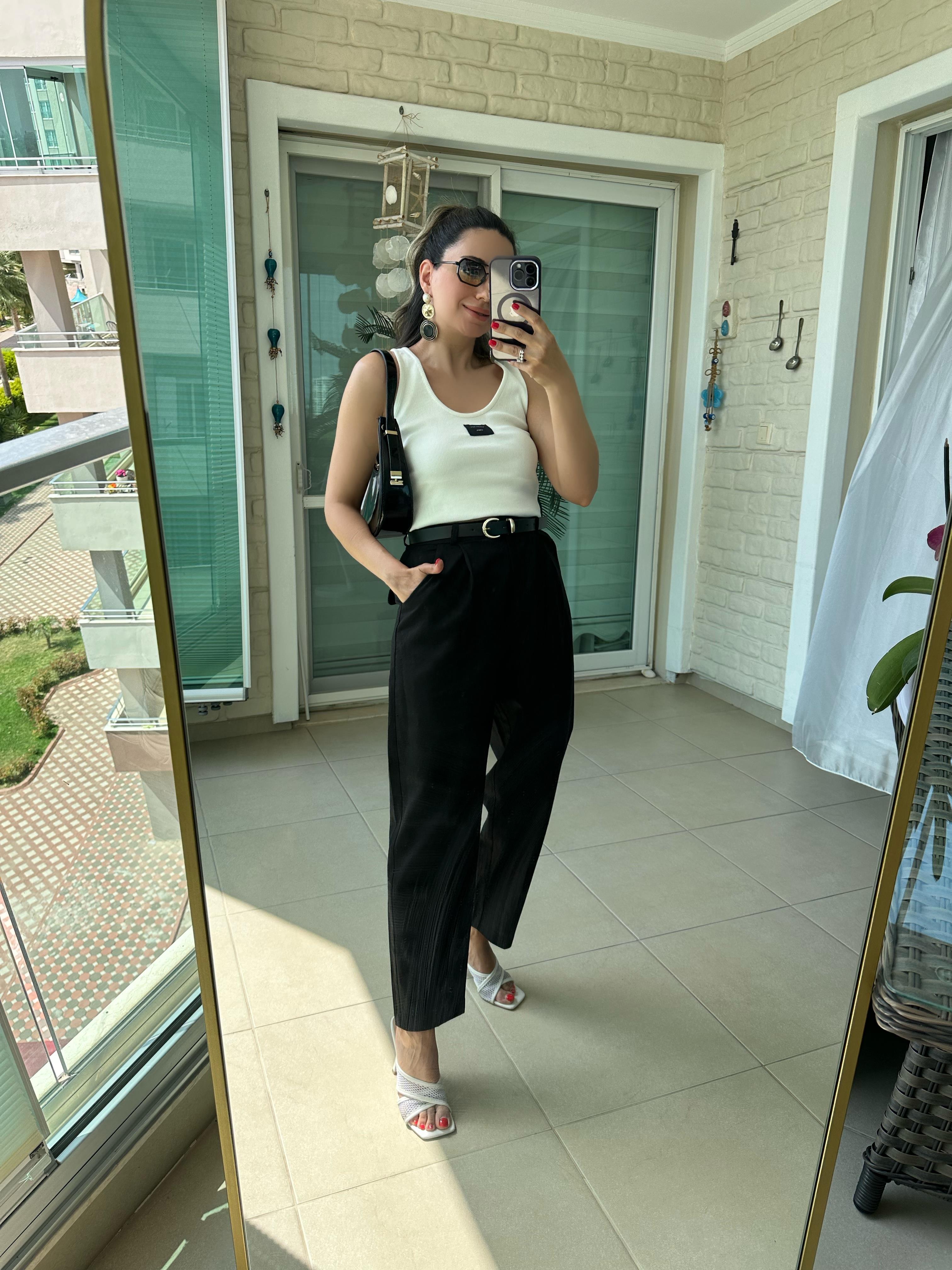 Siyah Ham Keten Kemerli Premium Pantolon
