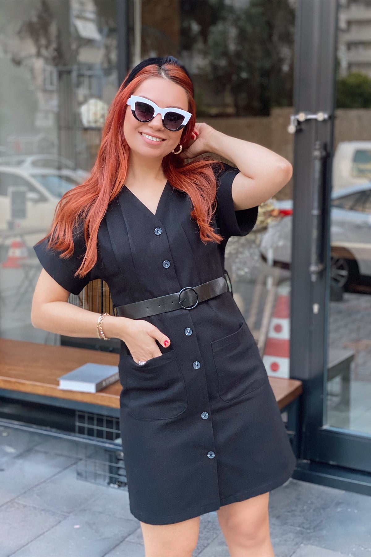 Siyah Kemerli Gabardin Elbise
