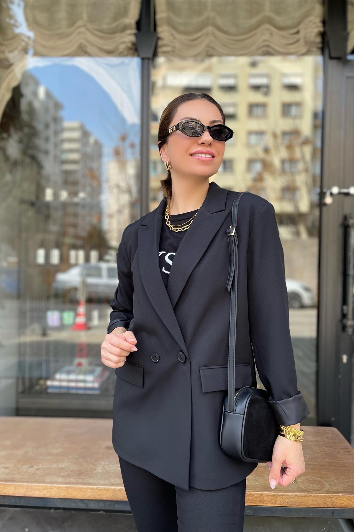 Siyah Kruvaze Blazer Ceket