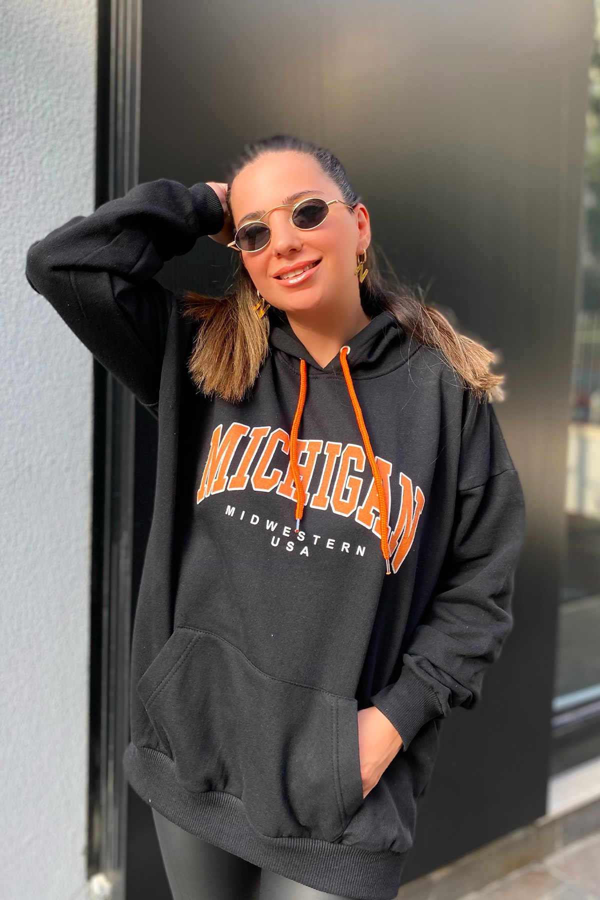 Siyah Michigan Baskılı Kapşonlu Sweatshirt
